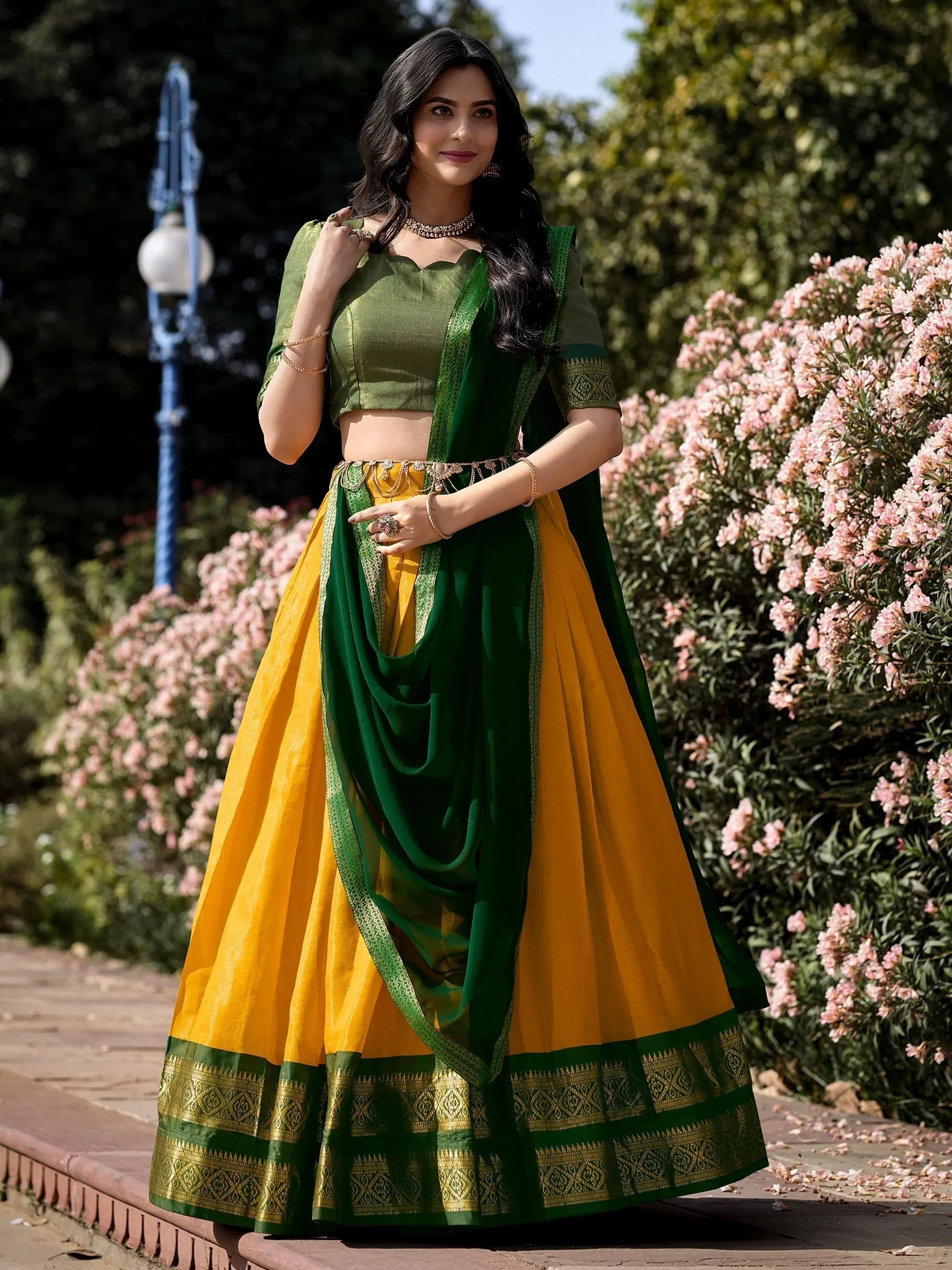 Yellow Amazing Zari Weaving Kanchipuram Silk Traditional Lehenga Choli