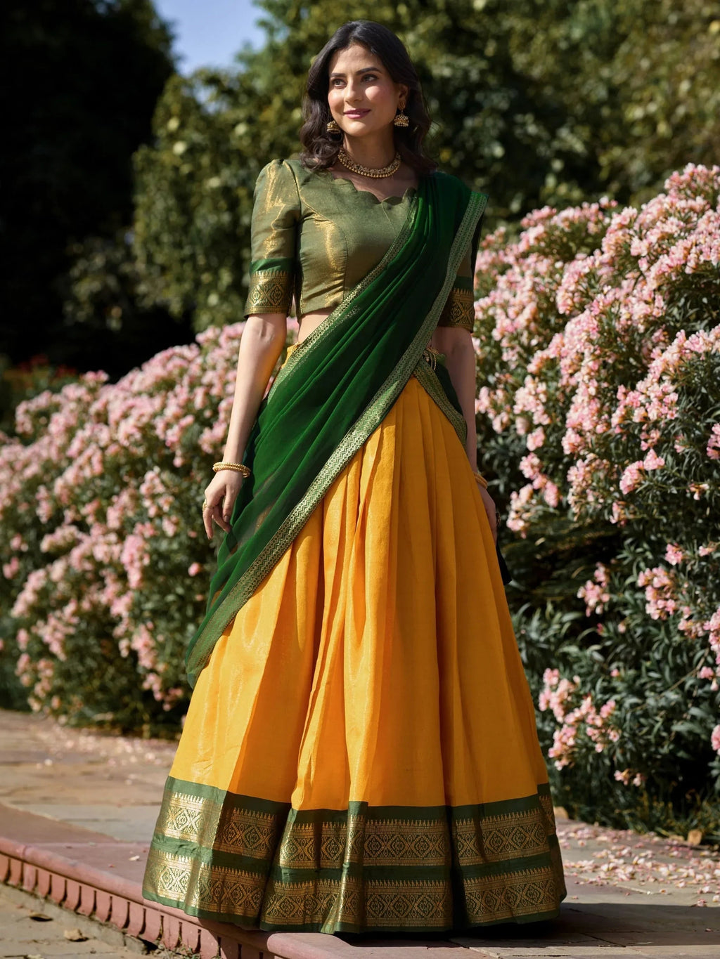 Yellow Amazing Zari Weaving Kanchipuram Silk Traditional Lehenga Choli
