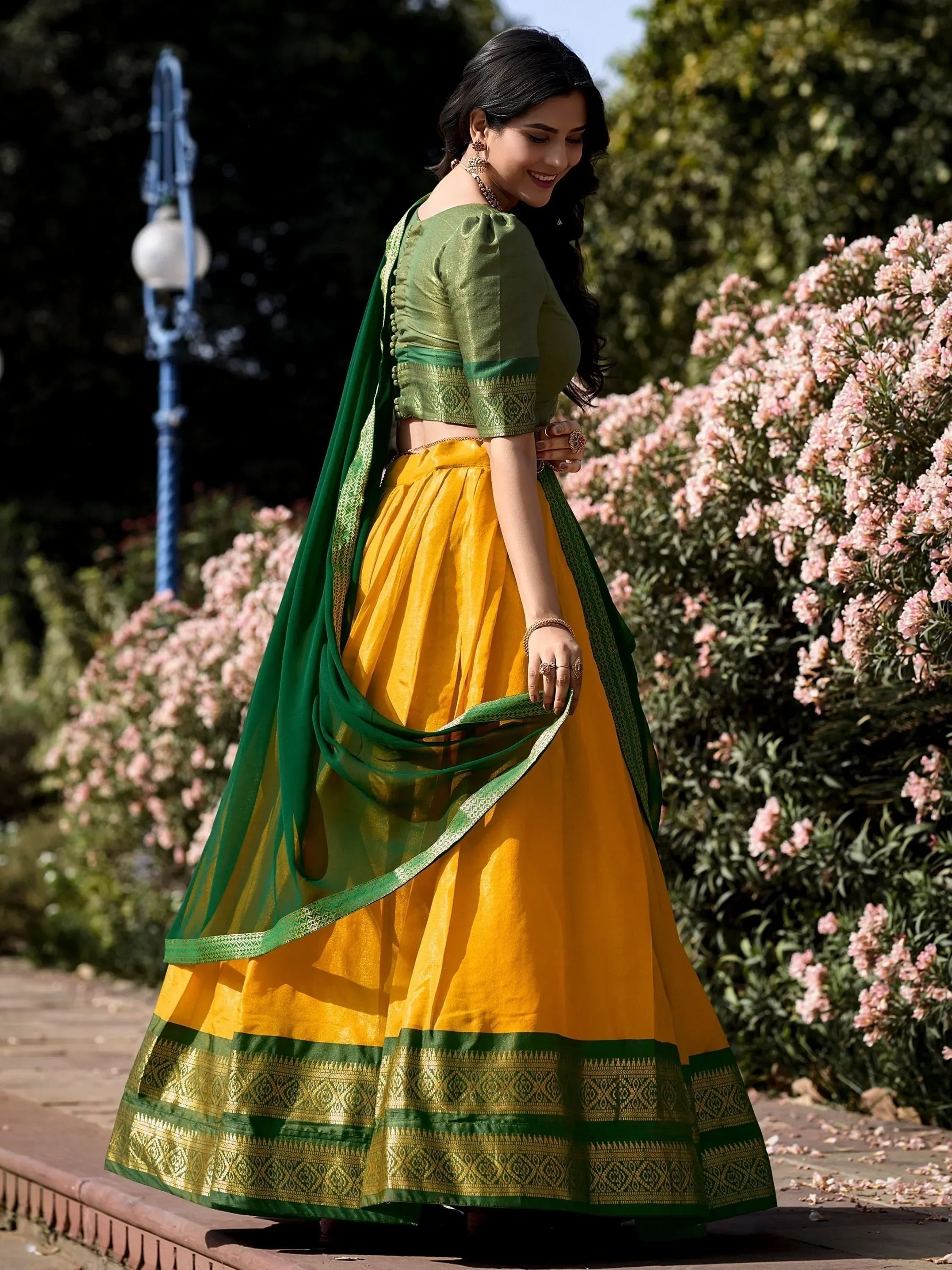 Yellow Amazing Zari Weaving Kanchipuram Silk Traditional Lehenga Choli