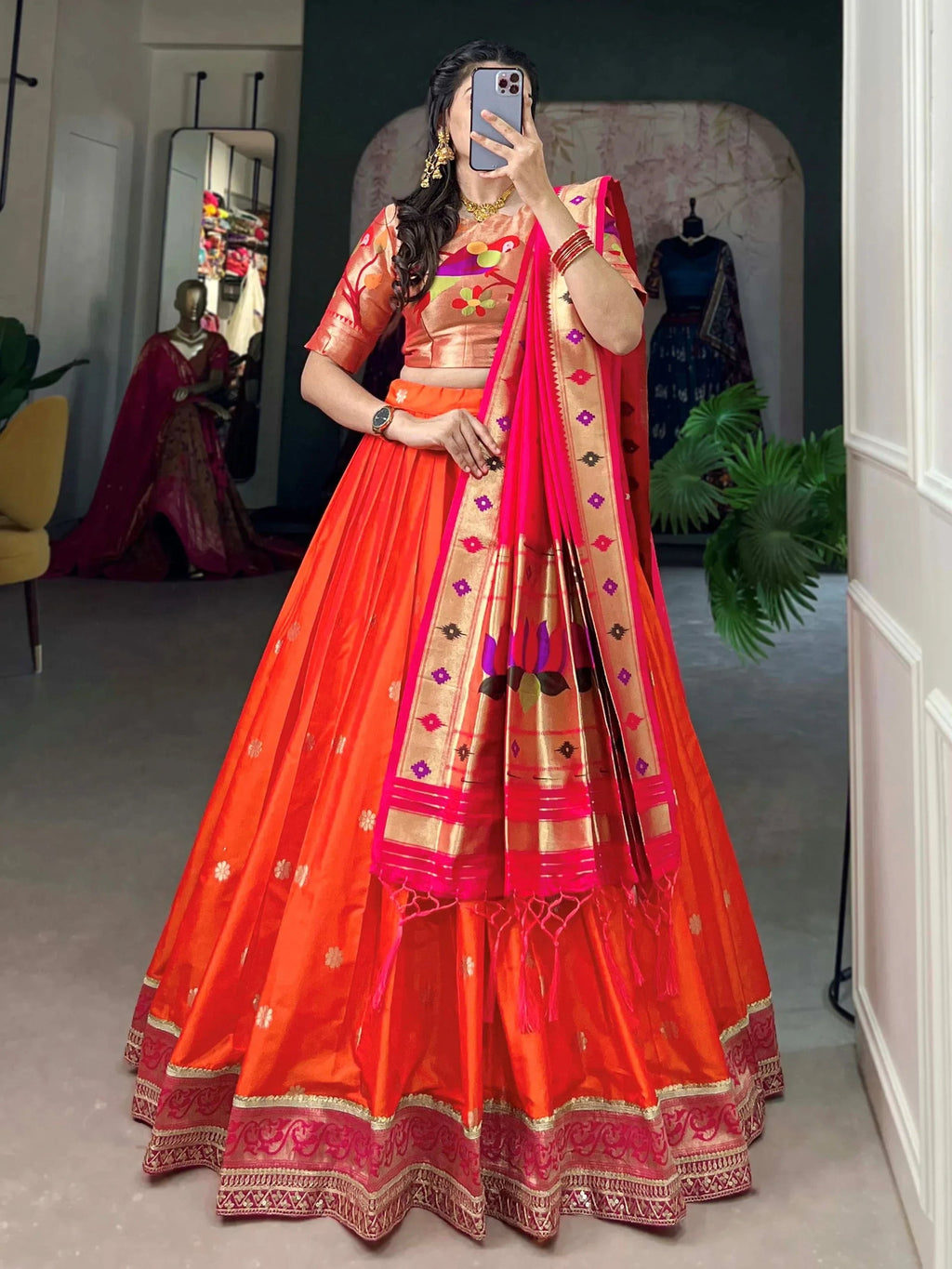 Impressive Orange Jacquard Silk Zari Weaving Lehenga Choli With Dupatta