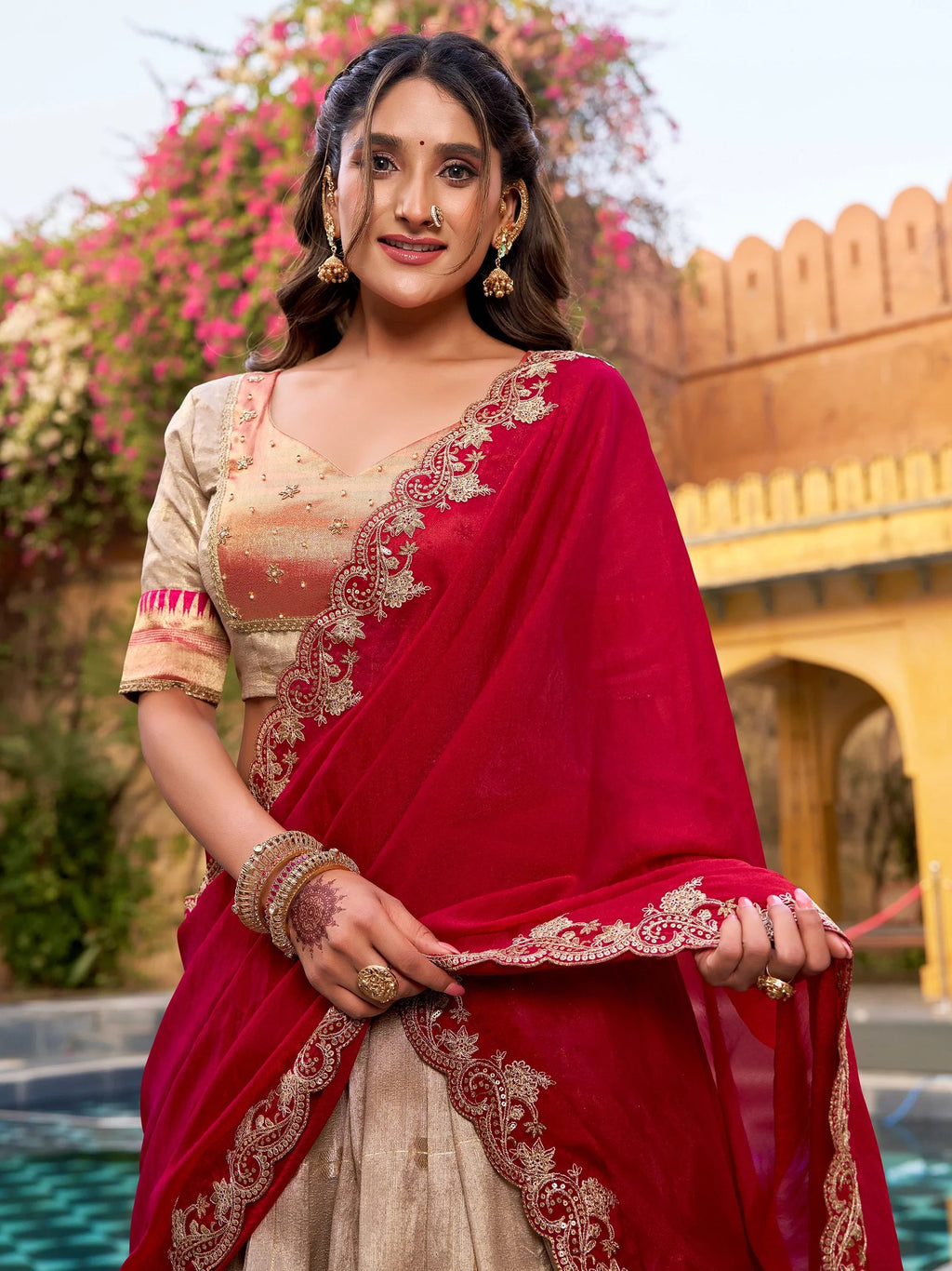 Cream Mesmerizing Jacquard Zari Weaving Lehenga Choli With Dupatta