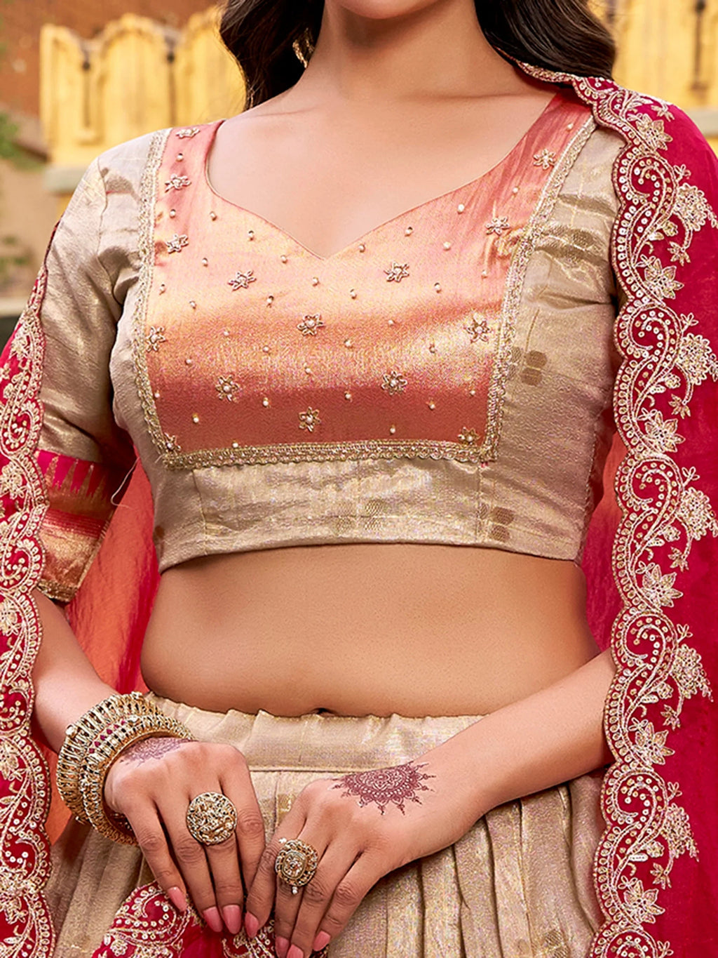 Cream Mesmerizing Jacquard Zari Weaving Lehenga Choli With Dupatta