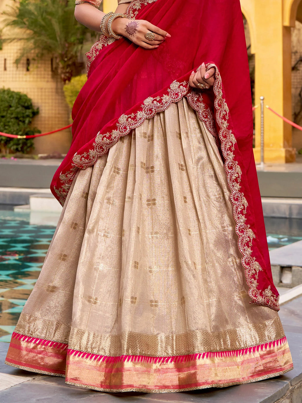 Cream Mesmerizing Jacquard Zari Weaving Lehenga Choli With Dupatta