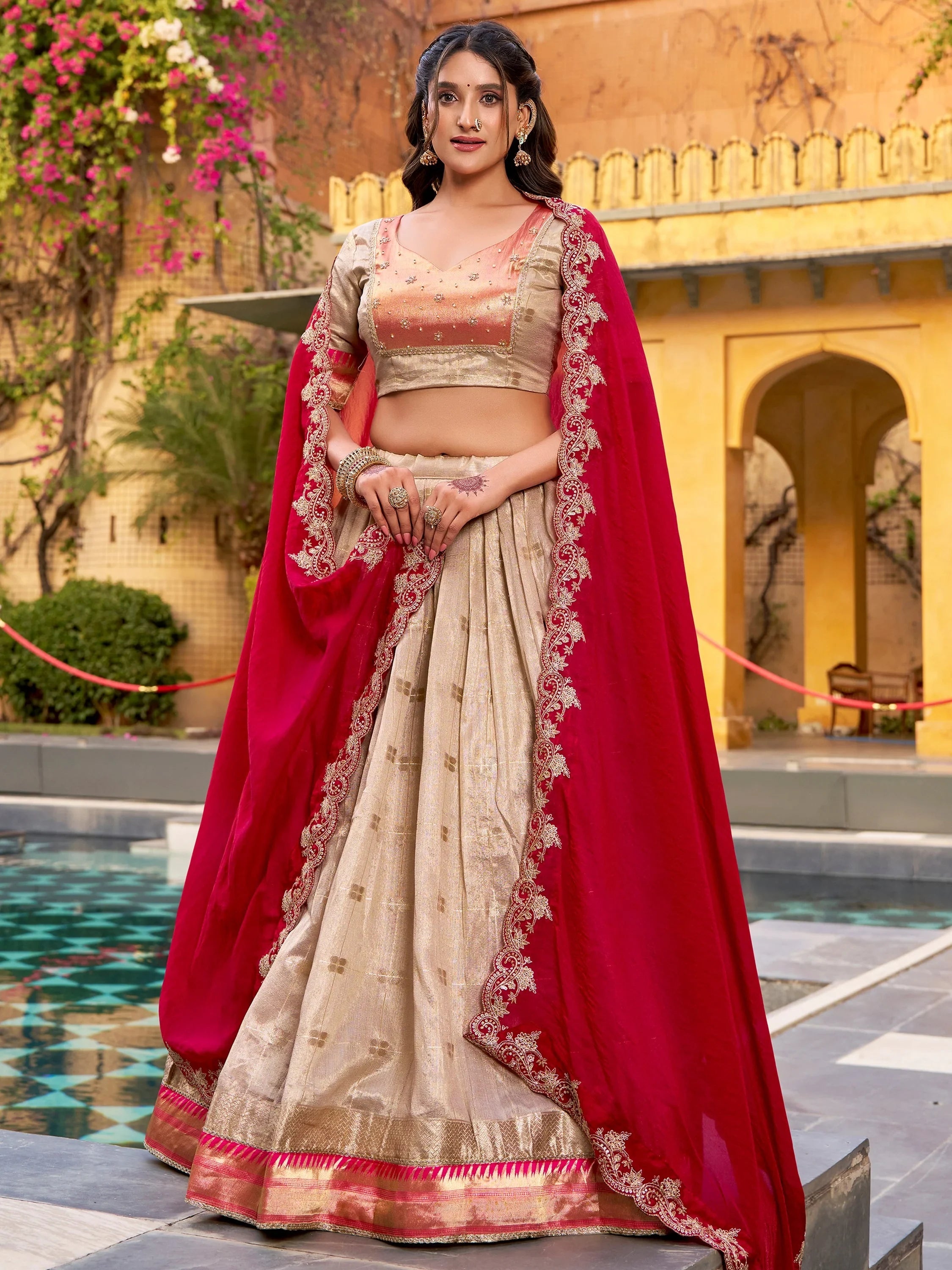 Cream Mesmerizing Jacquard Zari Weaving Lehenga Choli With Dupatta