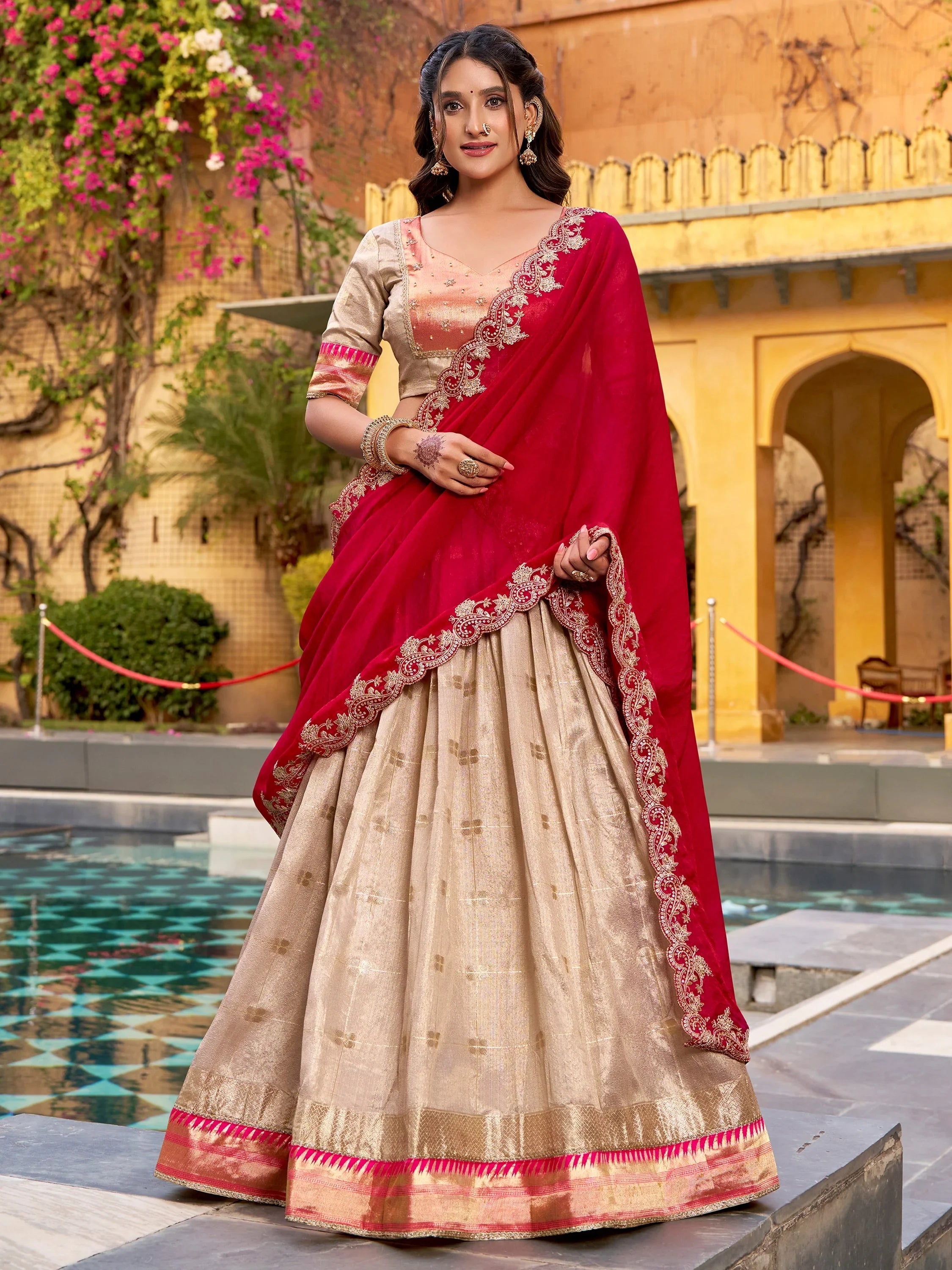 Cream Mesmerizing Jacquard Zari Weaving Lehenga Choli With Dupatta