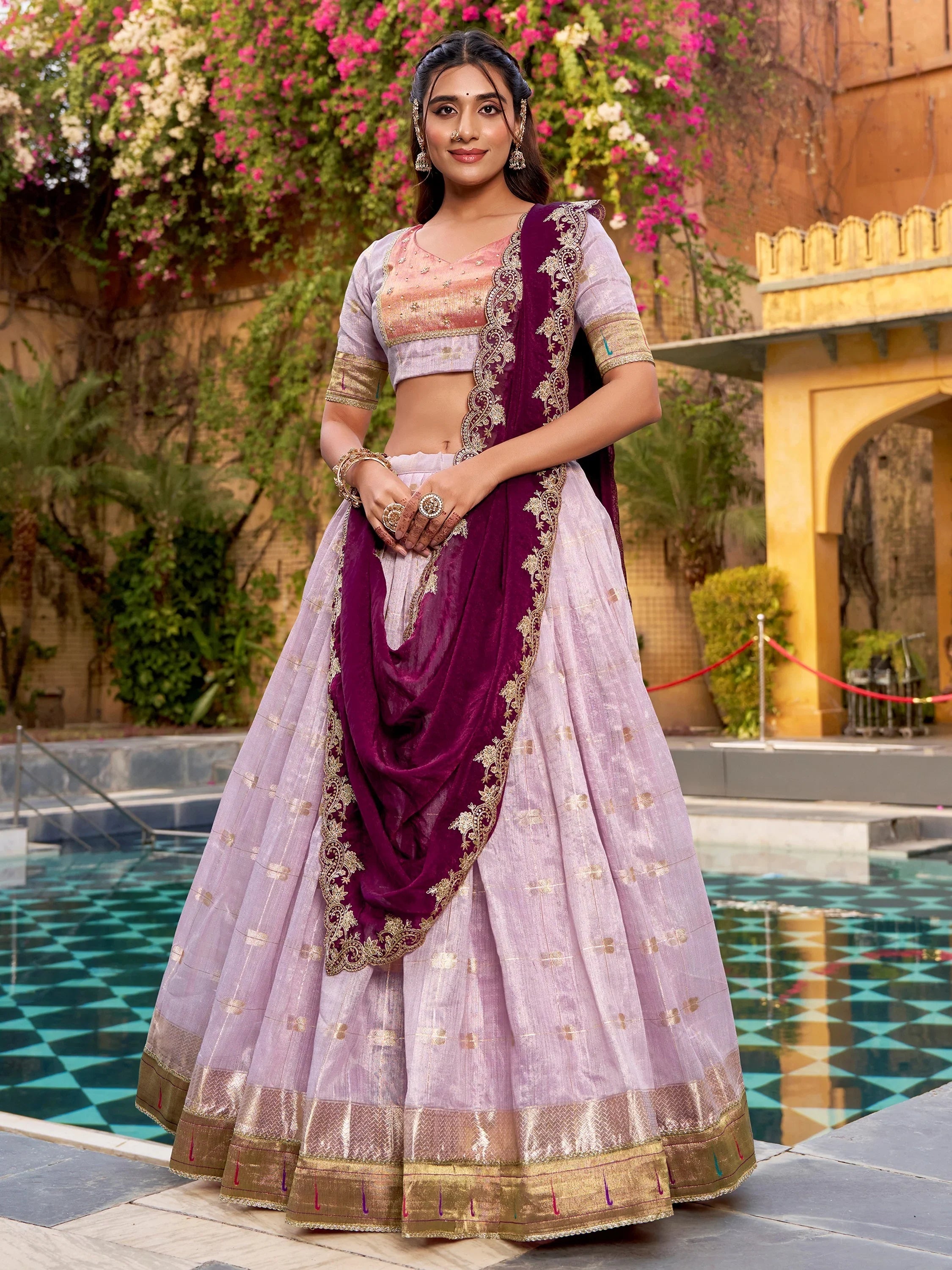Lavender Mesmerizing Jacquard Zari Weaving Lehenga Choli With Dupatta