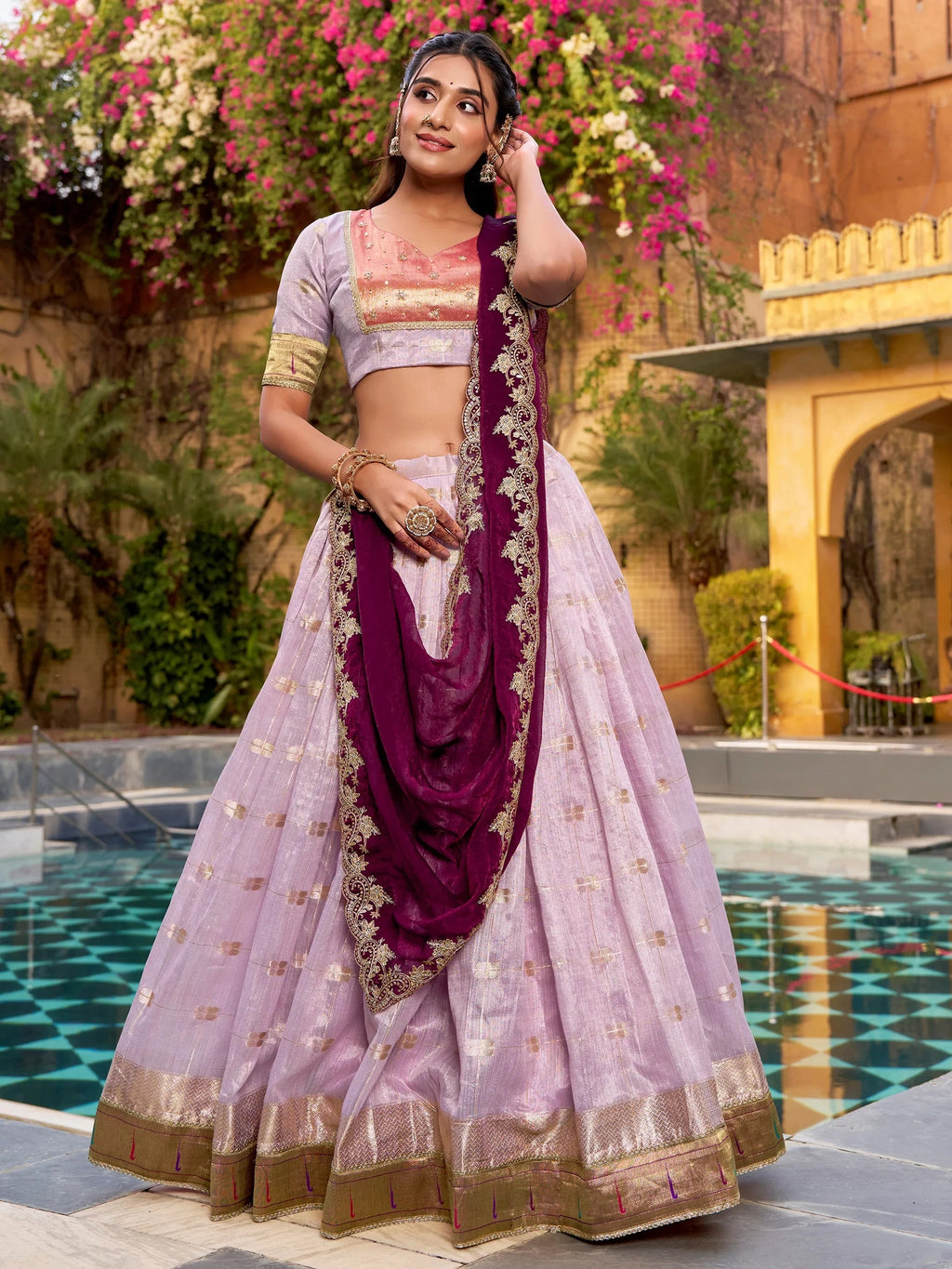 Lavender Mesmerizing Jacquard Zari Weaving Lehenga Choli With Dupatta