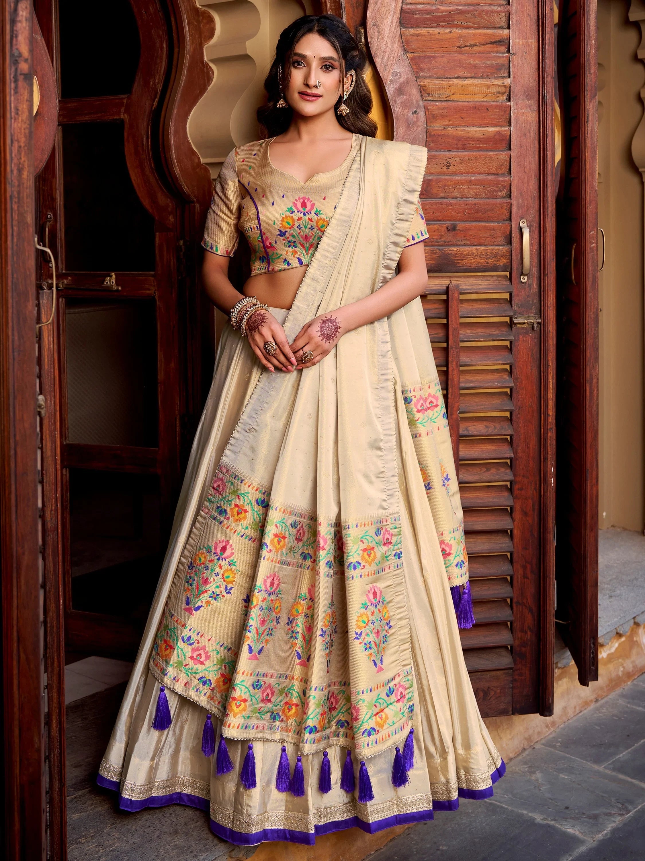 Cream Zari Work Silk Navratri Wear Lehenga Choli With Dupatta