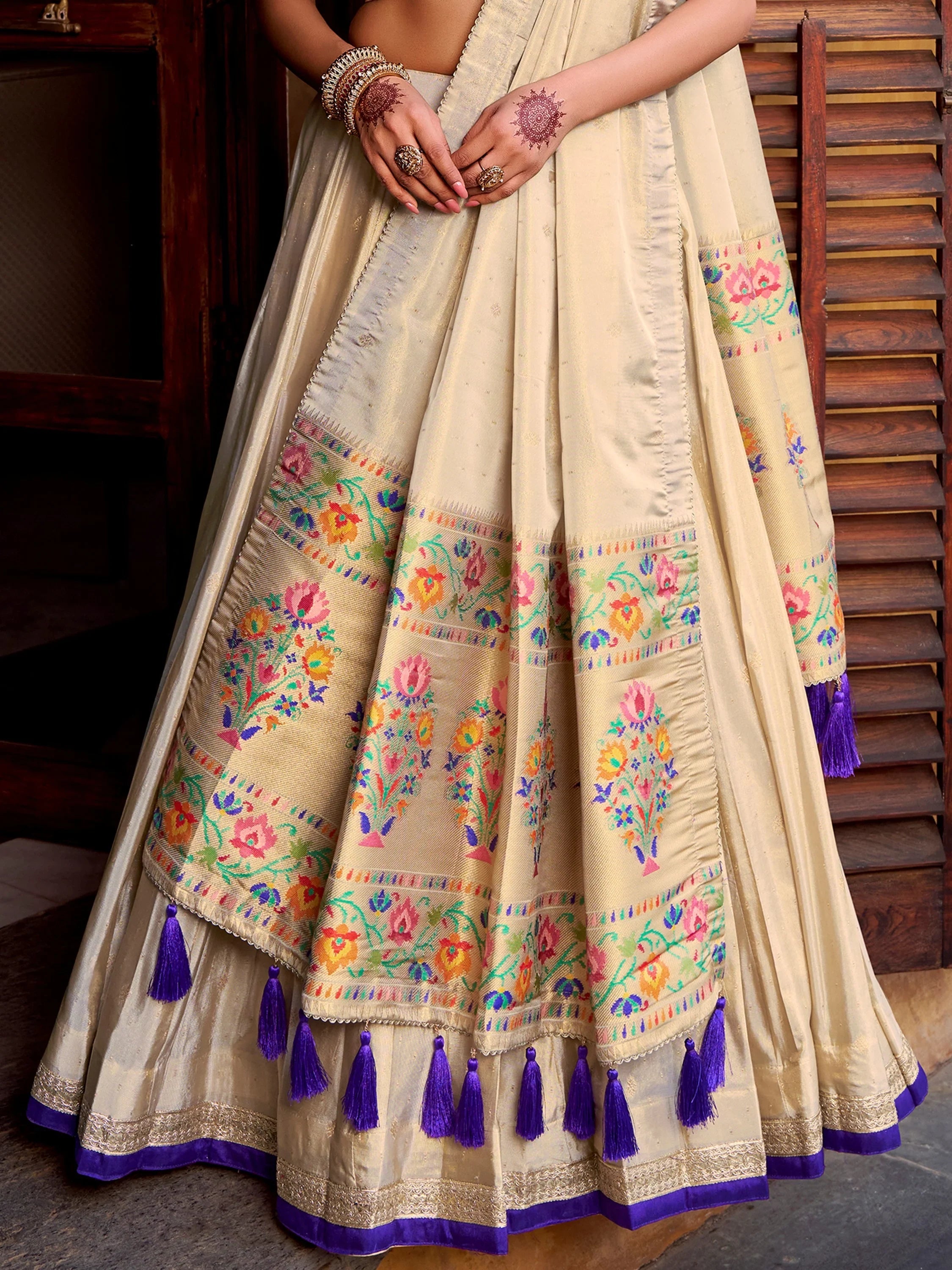 Cream Zari Work Silk Navratri Wear Lehenga Choli With Dupatta