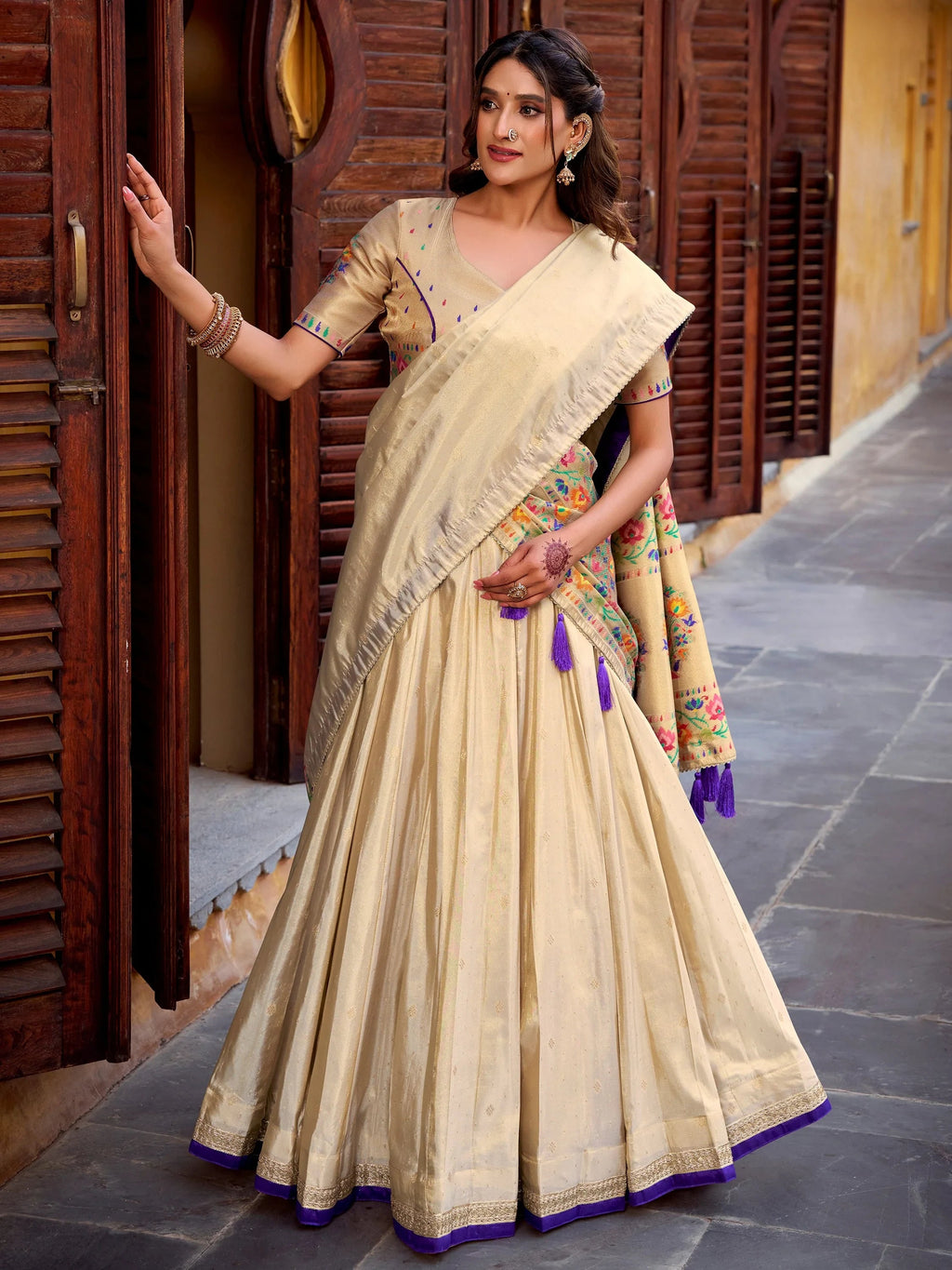 Cream Zari Work Silk Navratri Wear Lehenga Choli With Dupatta