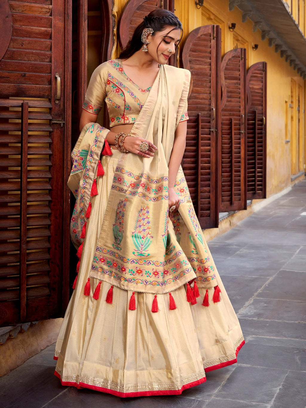 Glamorous Cream Zari Weaving Silk Marriage Wear Lehenga Choli