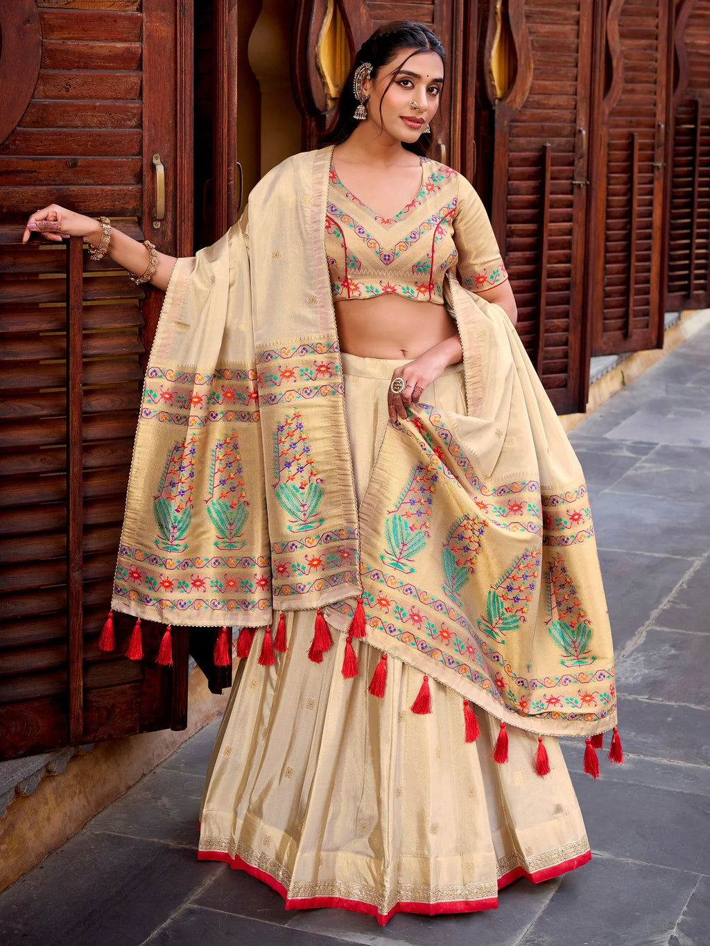 Glamorous Cream Zari Weaving Silk Marriage Wear Lehenga Choli
