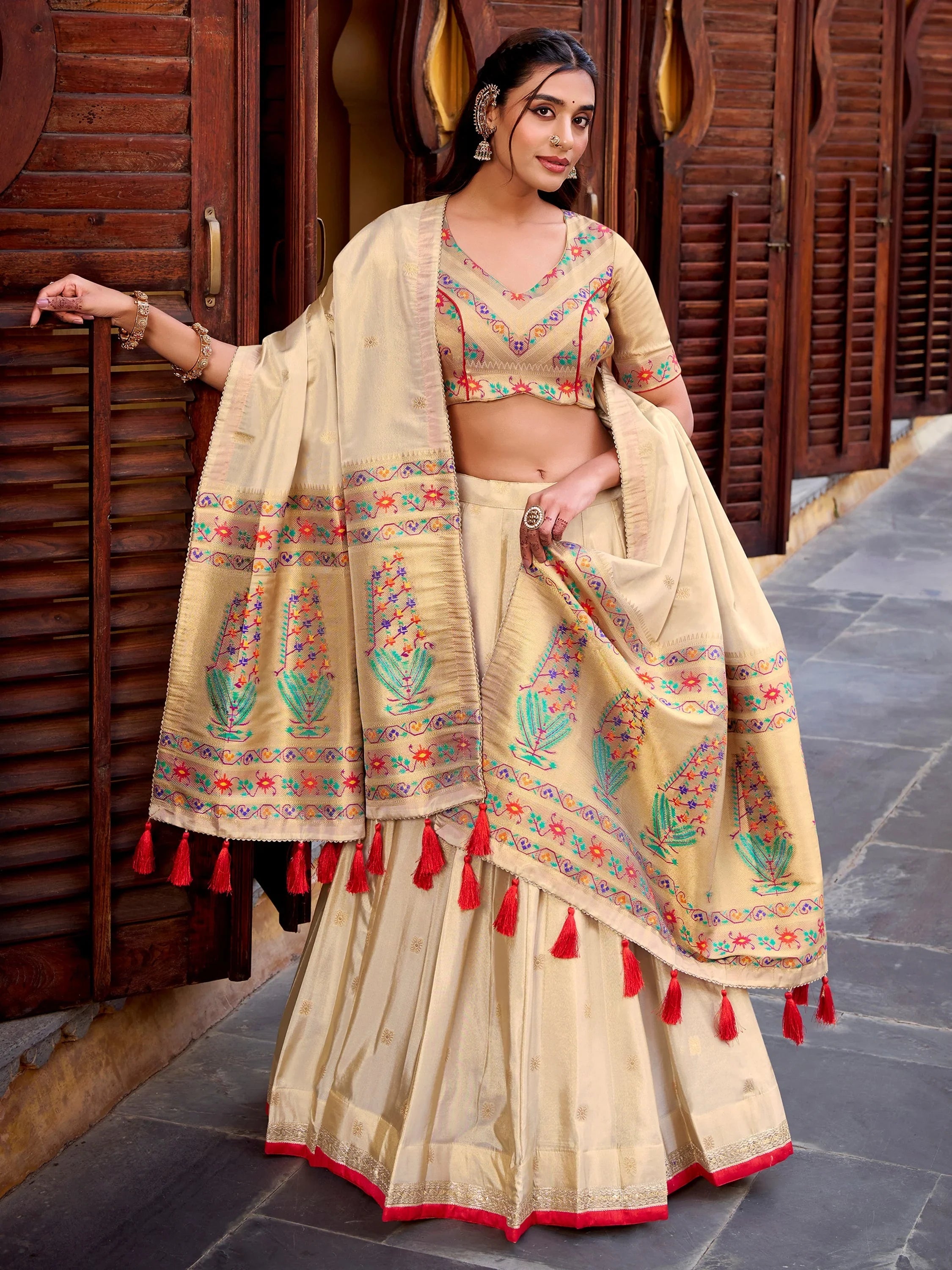 Glamorous Cream Zari Weaving Silk Marriage Wear Lehenga Choli