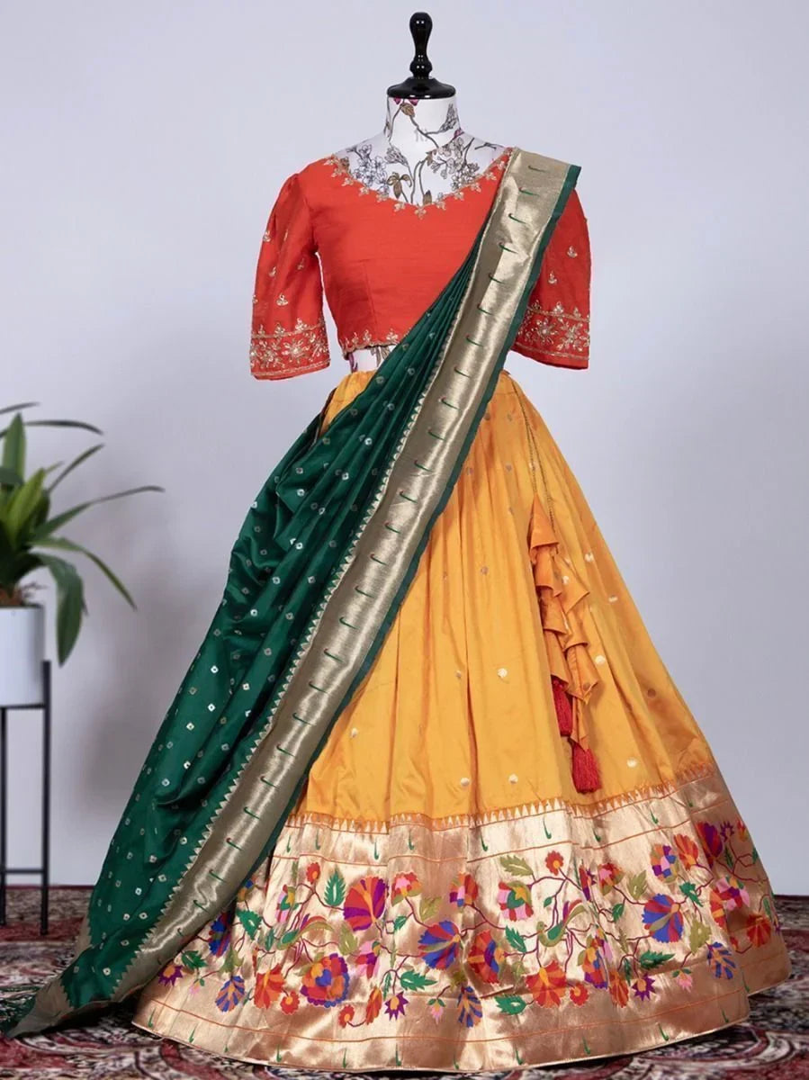 Yellow Captivating Zari Weaving Jacquard Silk Lehenga Choli