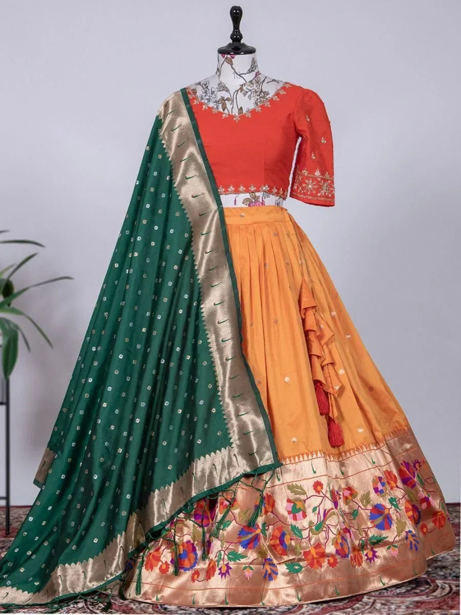 Yellow Captivating Zari Weaving Jacquard Silk Lehenga Choli