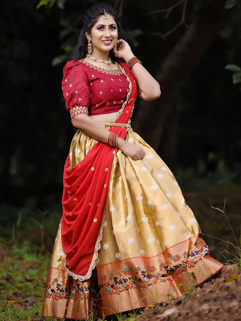 Wonderful Golden Silk Zari Weaving Onam Festival Wear Half Saree Lehenga