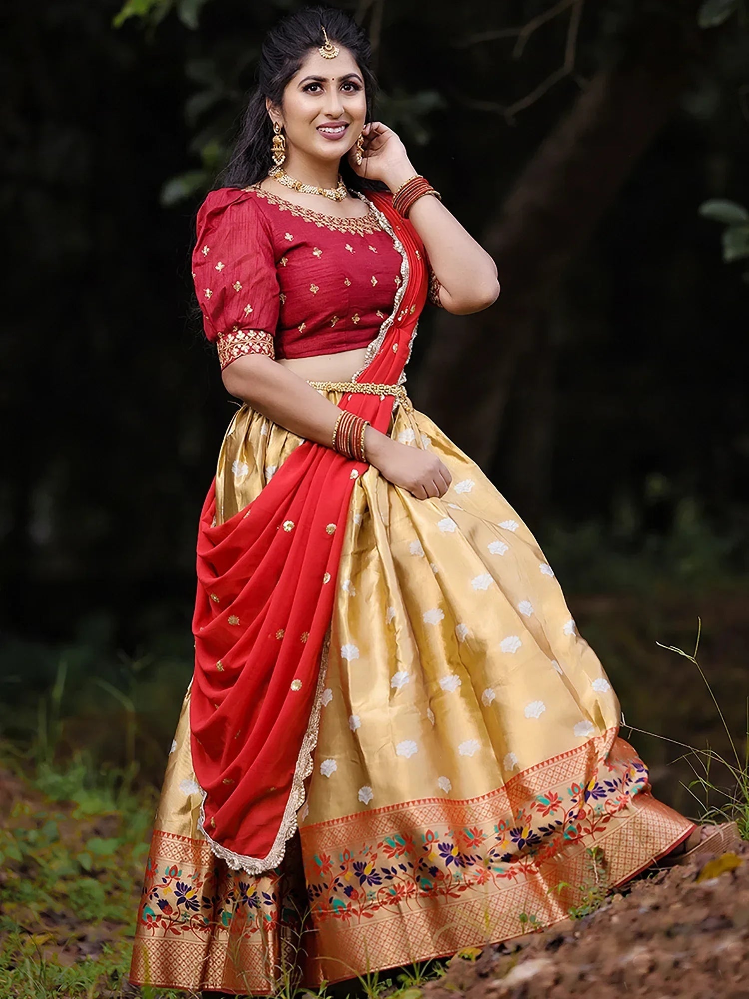 Wonderful Golden Silk Zari Weaving Onam Festival Wear Half Saree Lehenga