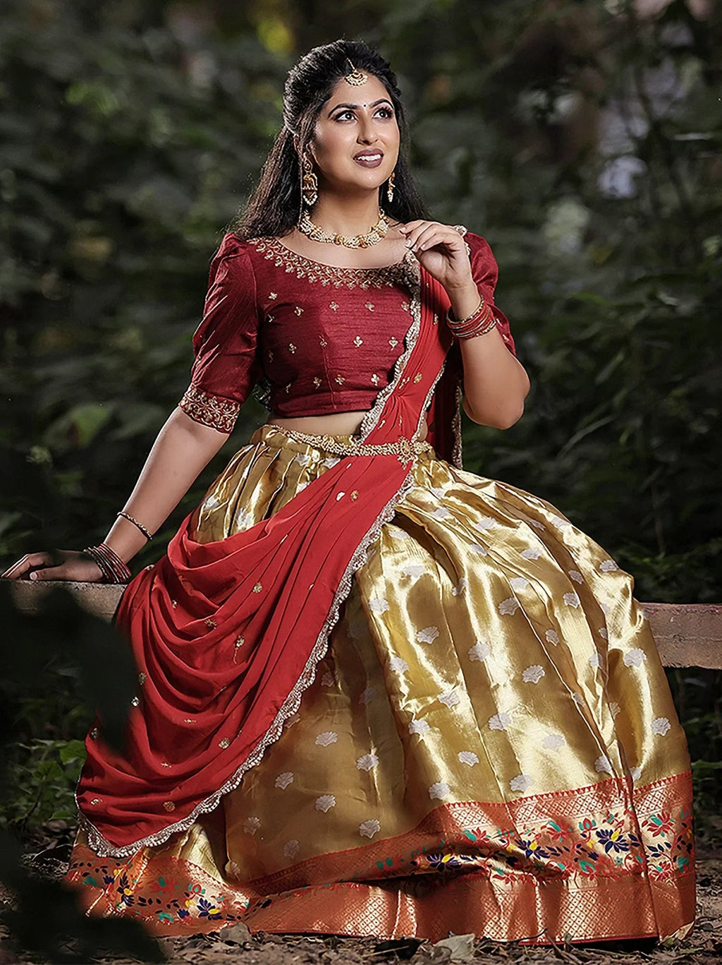 Wonderful Golden Silk Zari Weaving Onam Festival Wear Half Saree Lehenga