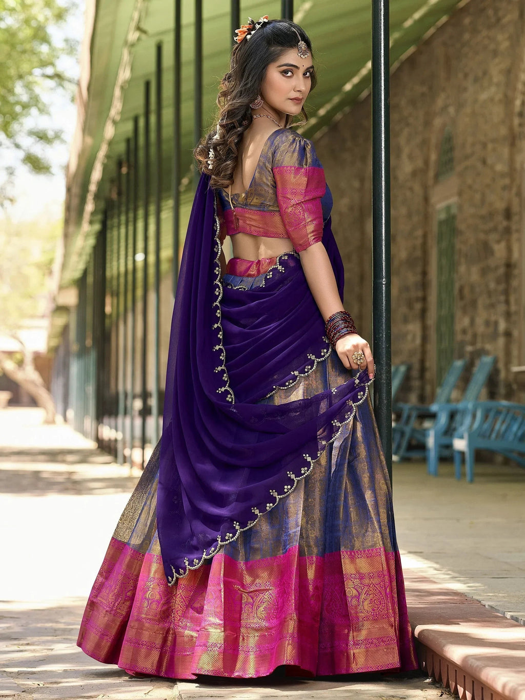 Blue Golden Silk Zari Weaving Onam Festival Wear Half Saree Lehenga