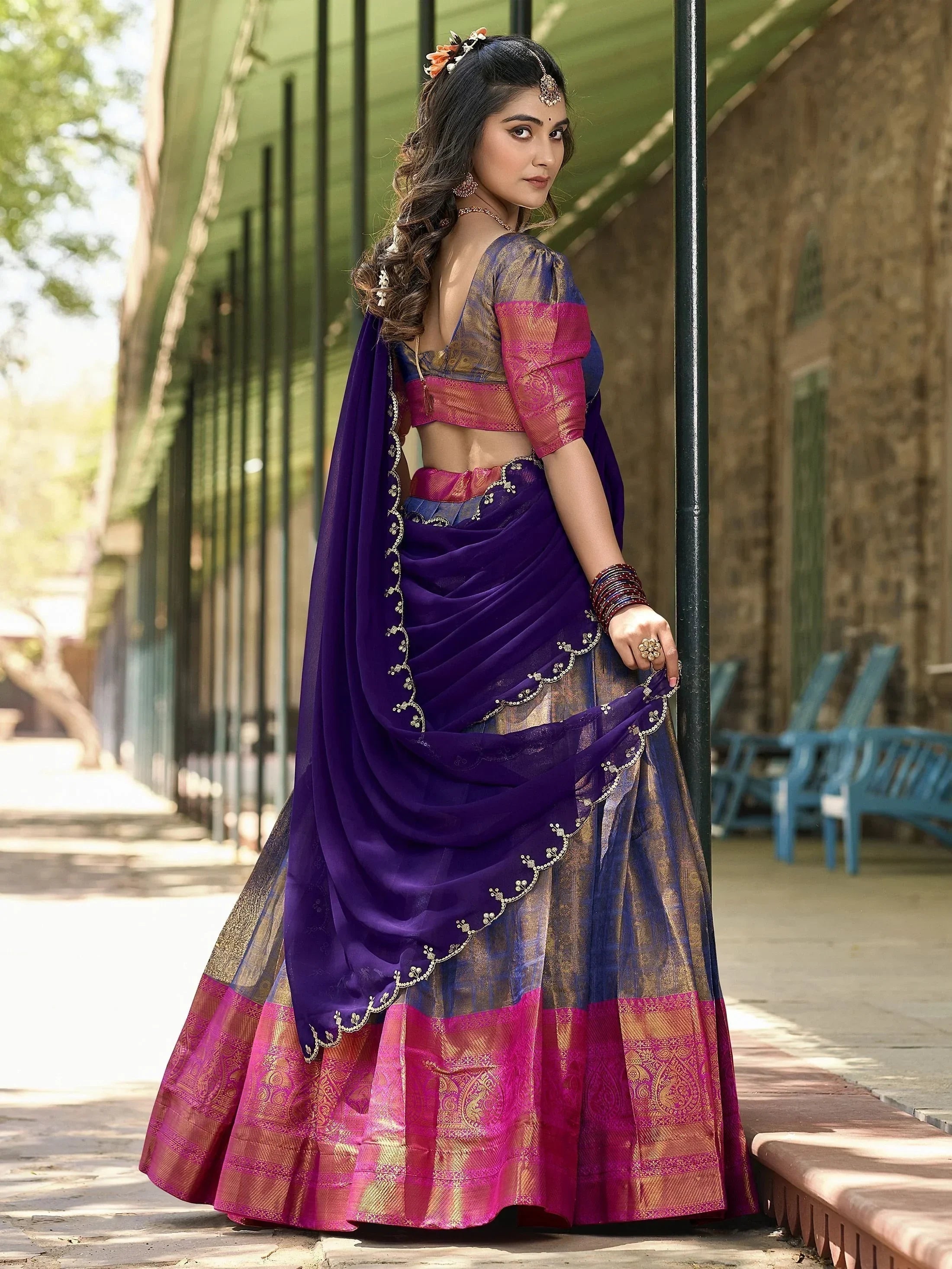 Blue Golden Silk Zari Weaving Onam Festival Wear Half Saree Lehenga