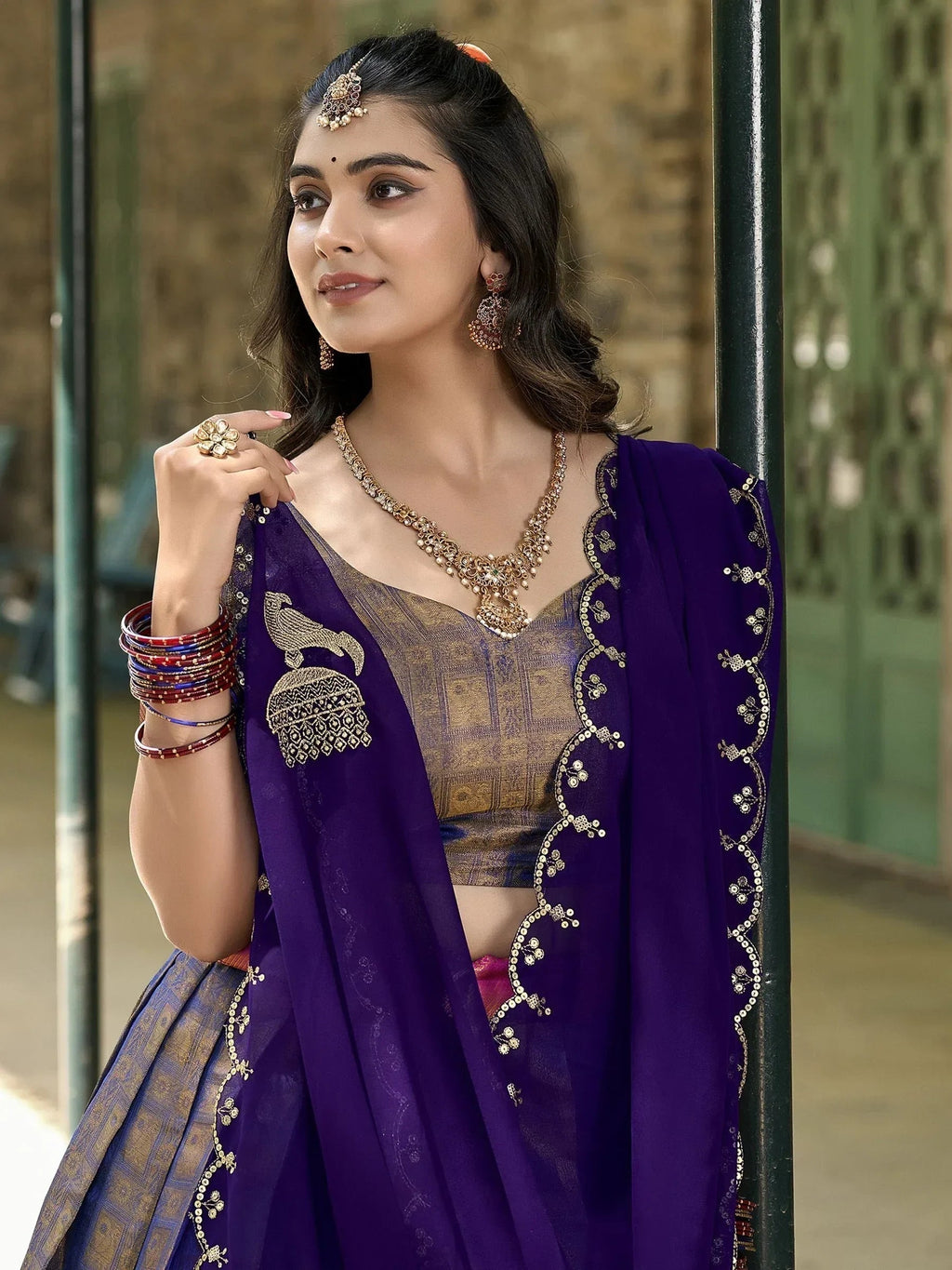 Blue Golden Silk Zari Weaving Onam Festival Wear Half Saree Lehenga