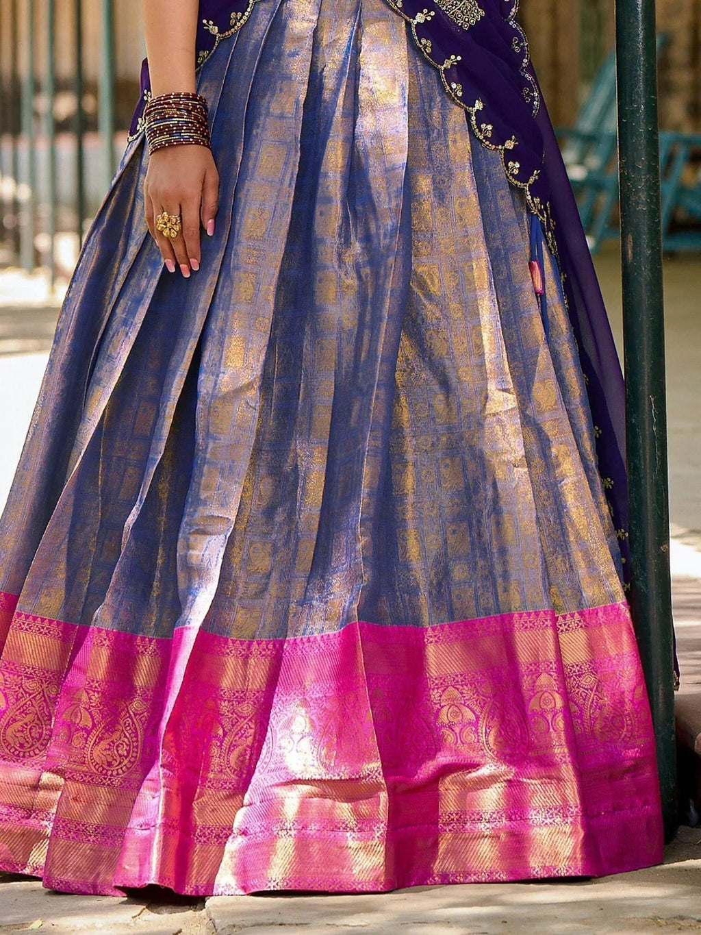 Blue Golden Silk Zari Weaving Onam Festival Wear Half Saree Lehenga