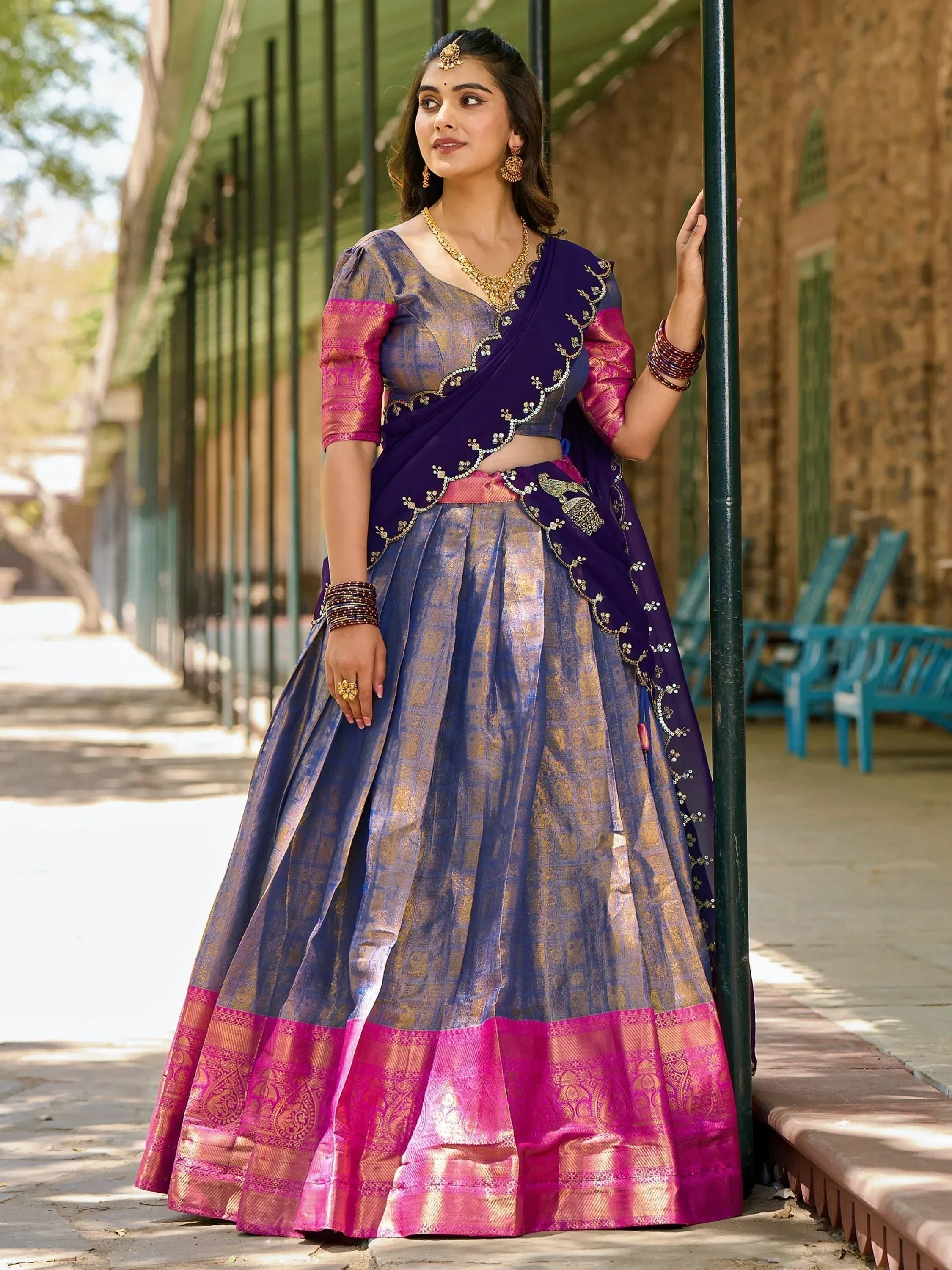 Blue Golden Silk Zari Weaving Onam Festival Wear Half Saree Lehenga