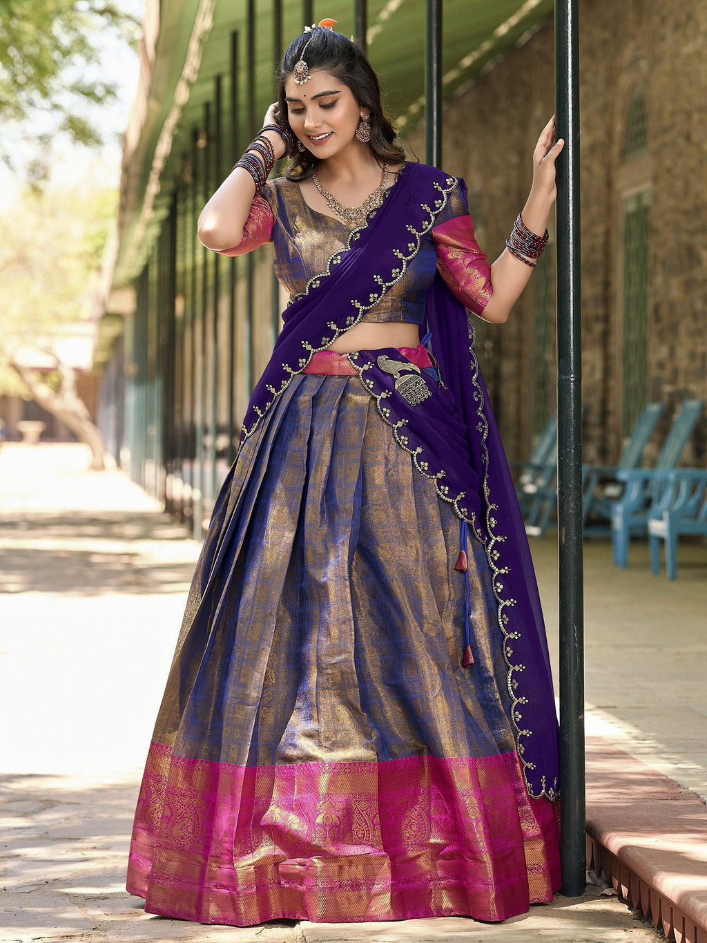 Blue Golden Silk Zari Weaving Onam Festival Wear Half Saree Lehenga