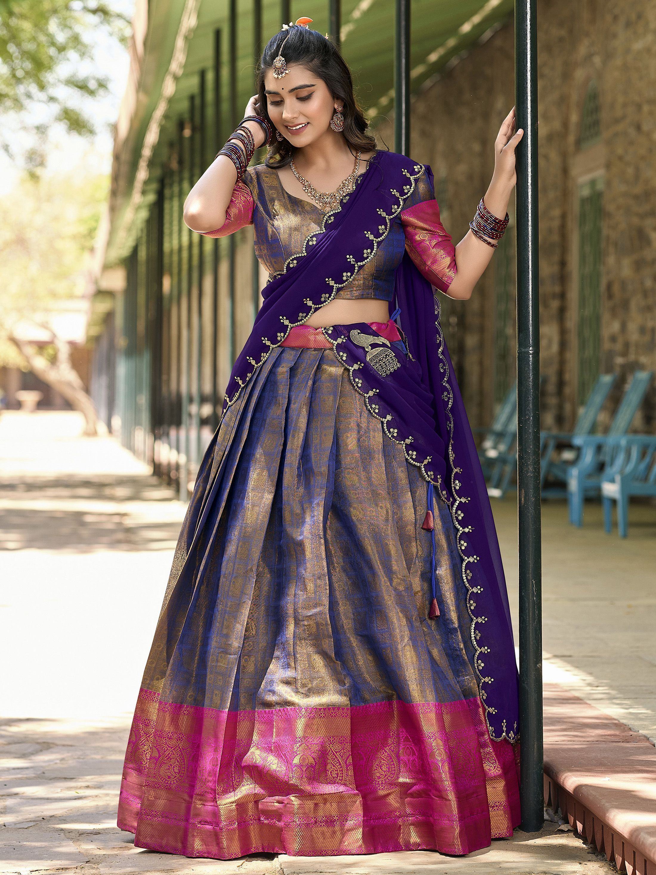 Blue Golden Silk Zari Weaving Onam Festival Wear Half Saree Lehenga