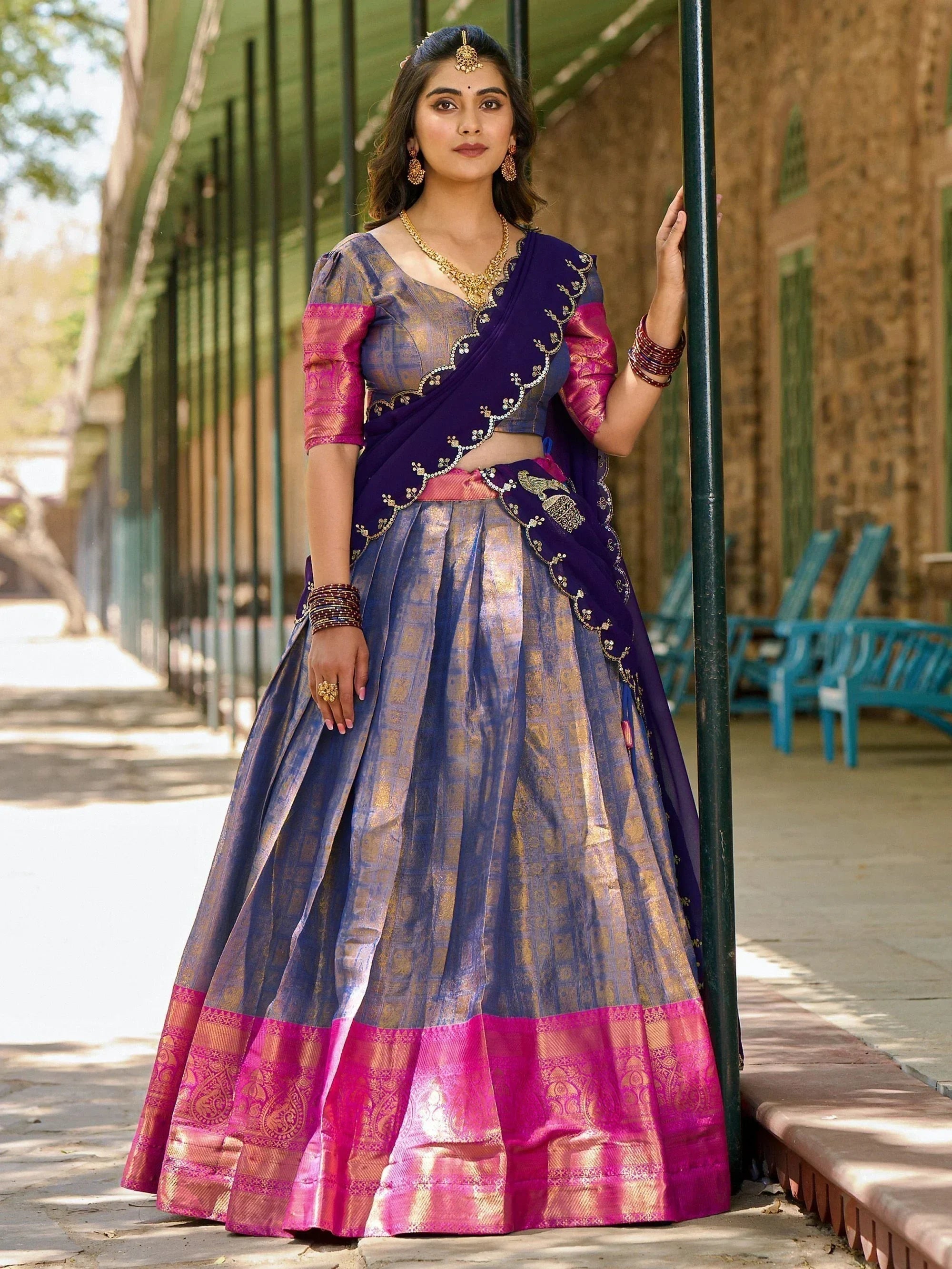 Blue Golden Silk Zari Weaving Onam Festival Wear Half Saree Lehenga