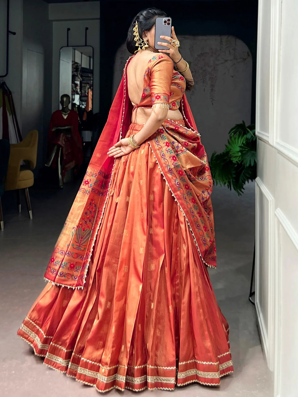 Orange Fantastic Zari Weaving Shimmer Wedding Wear Lehenga Choli