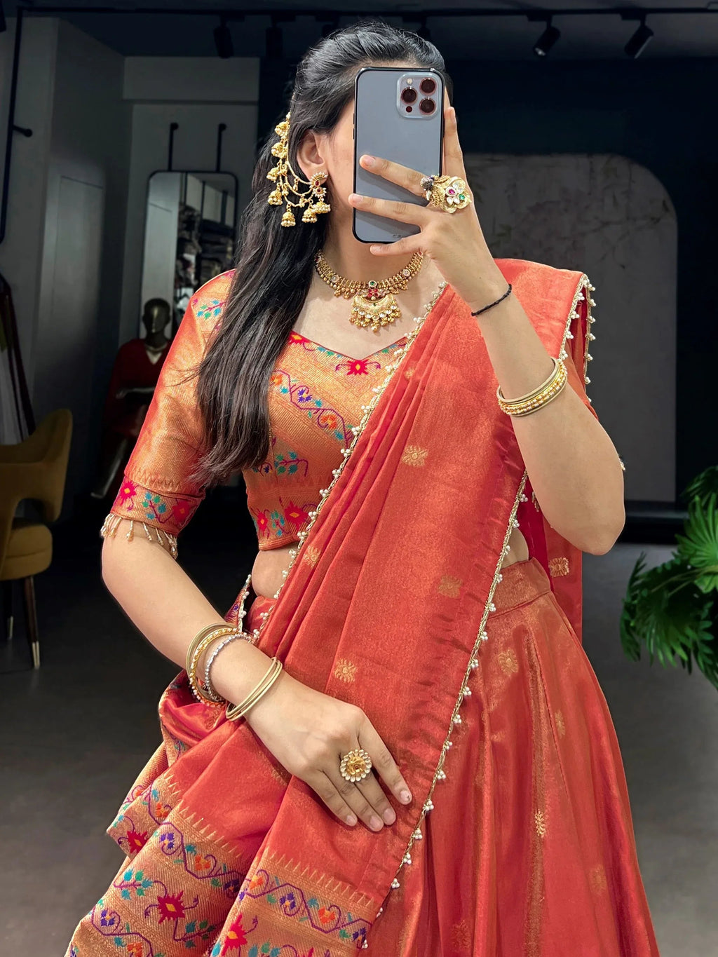 Orange Fantastic Zari Weaving Shimmer Wedding Wear Lehenga Choli