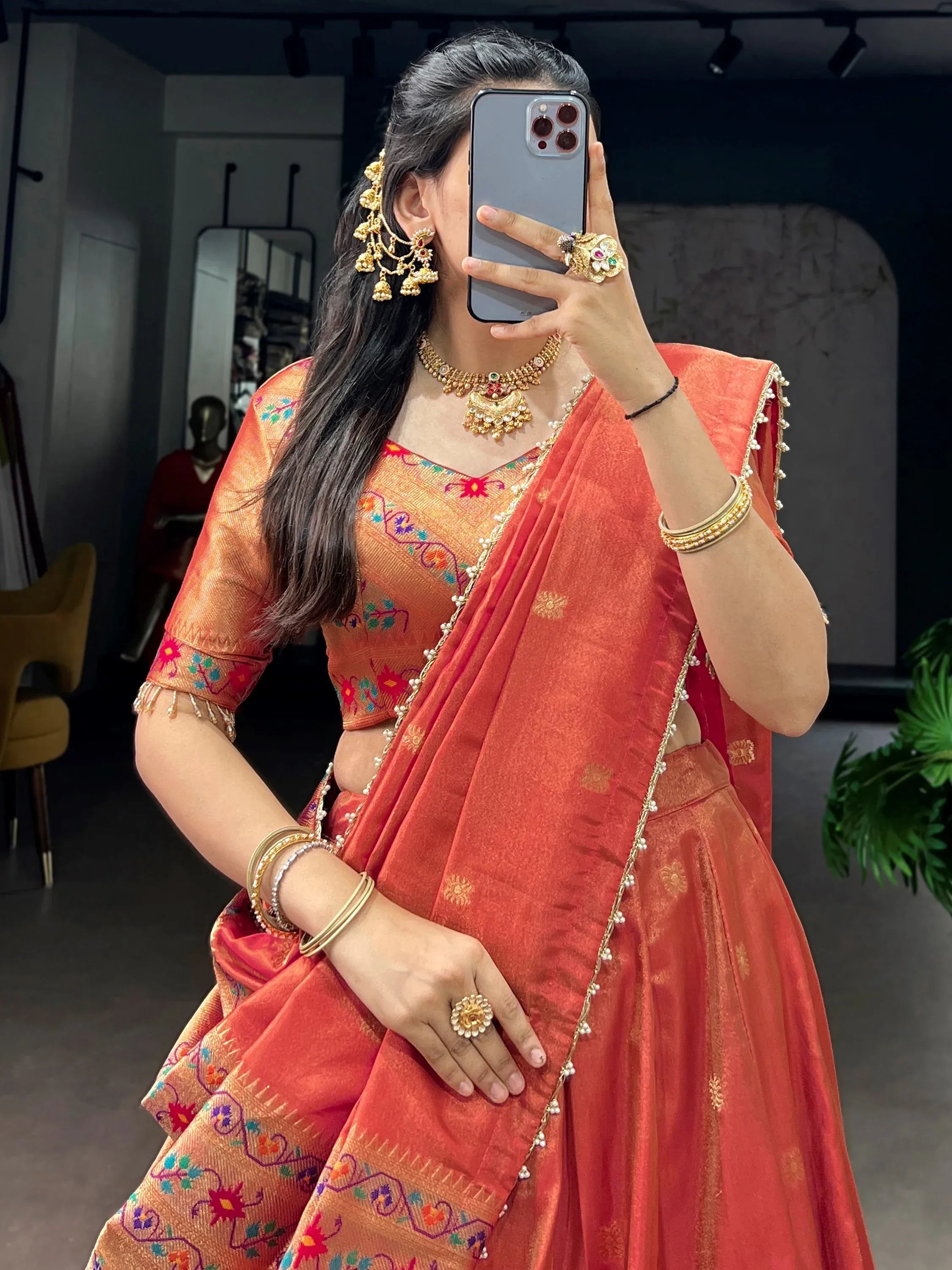 Orange Fantastic Zari Weaving Shimmer Wedding Wear Lehenga Choli