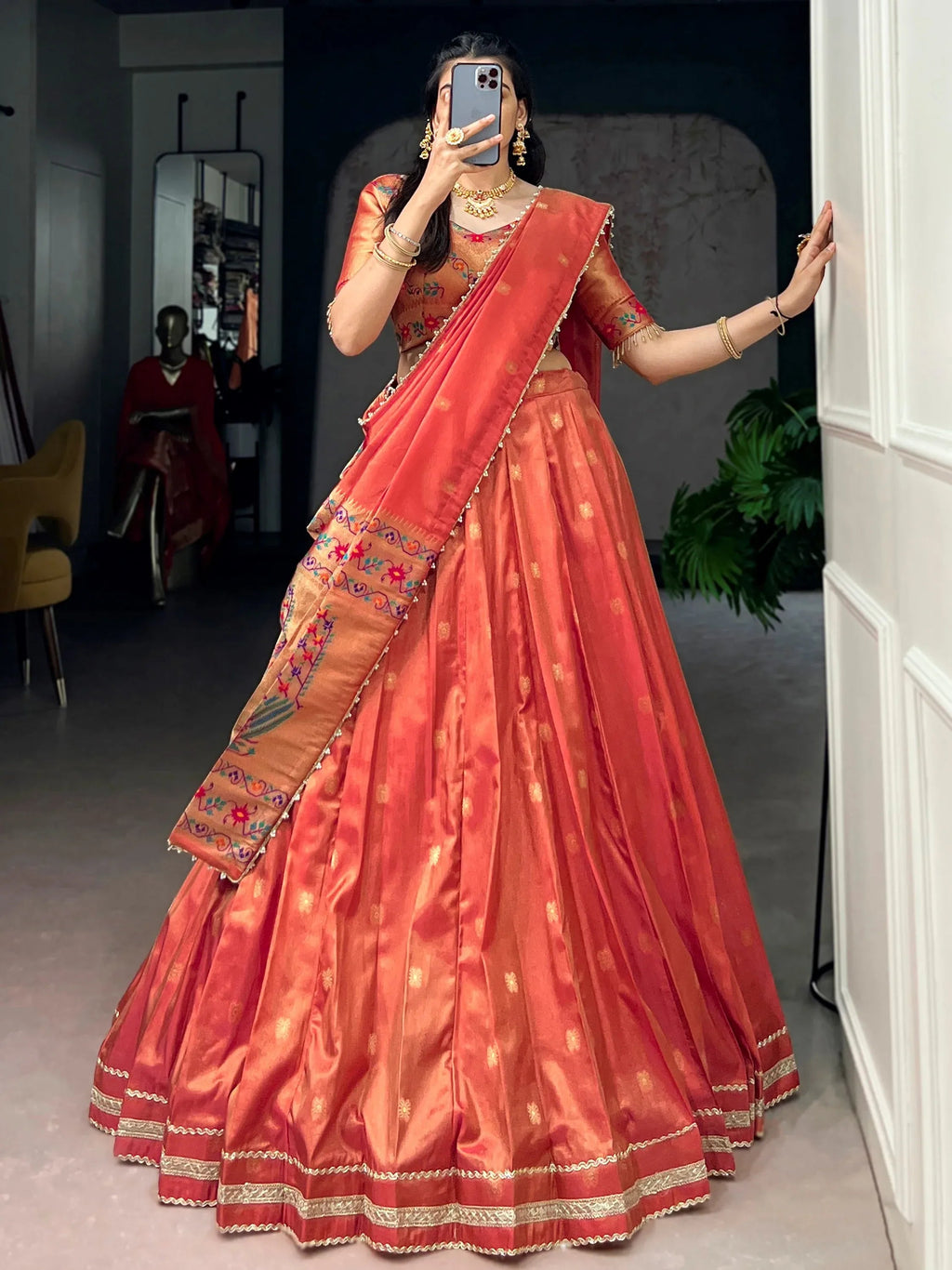 Orange Fantastic Zari Weaving Shimmer Wedding Wear Lehenga Choli