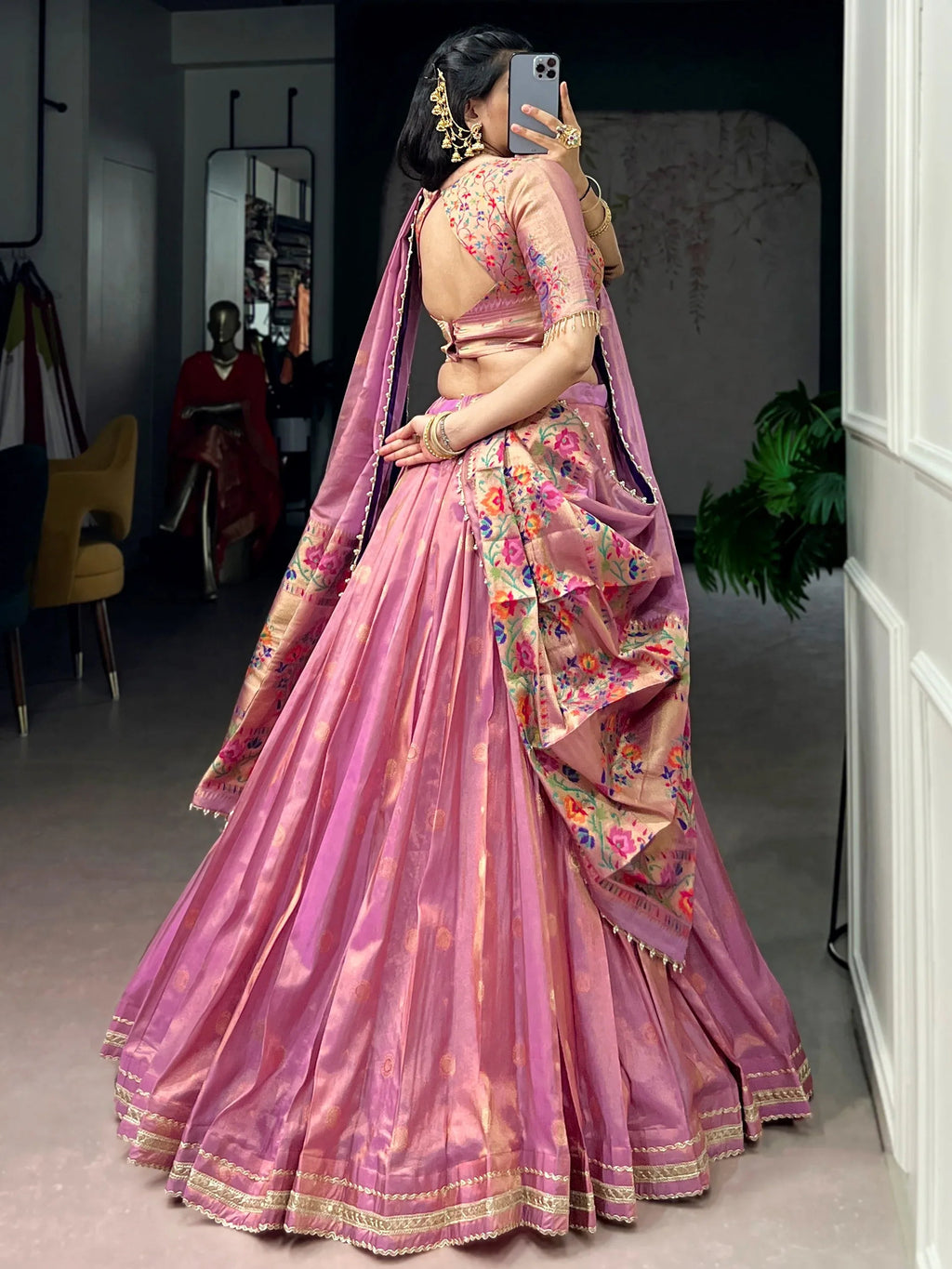 Pink Fantastic Zari Weaving Shimmer Wedding Wear Lehenga Choli