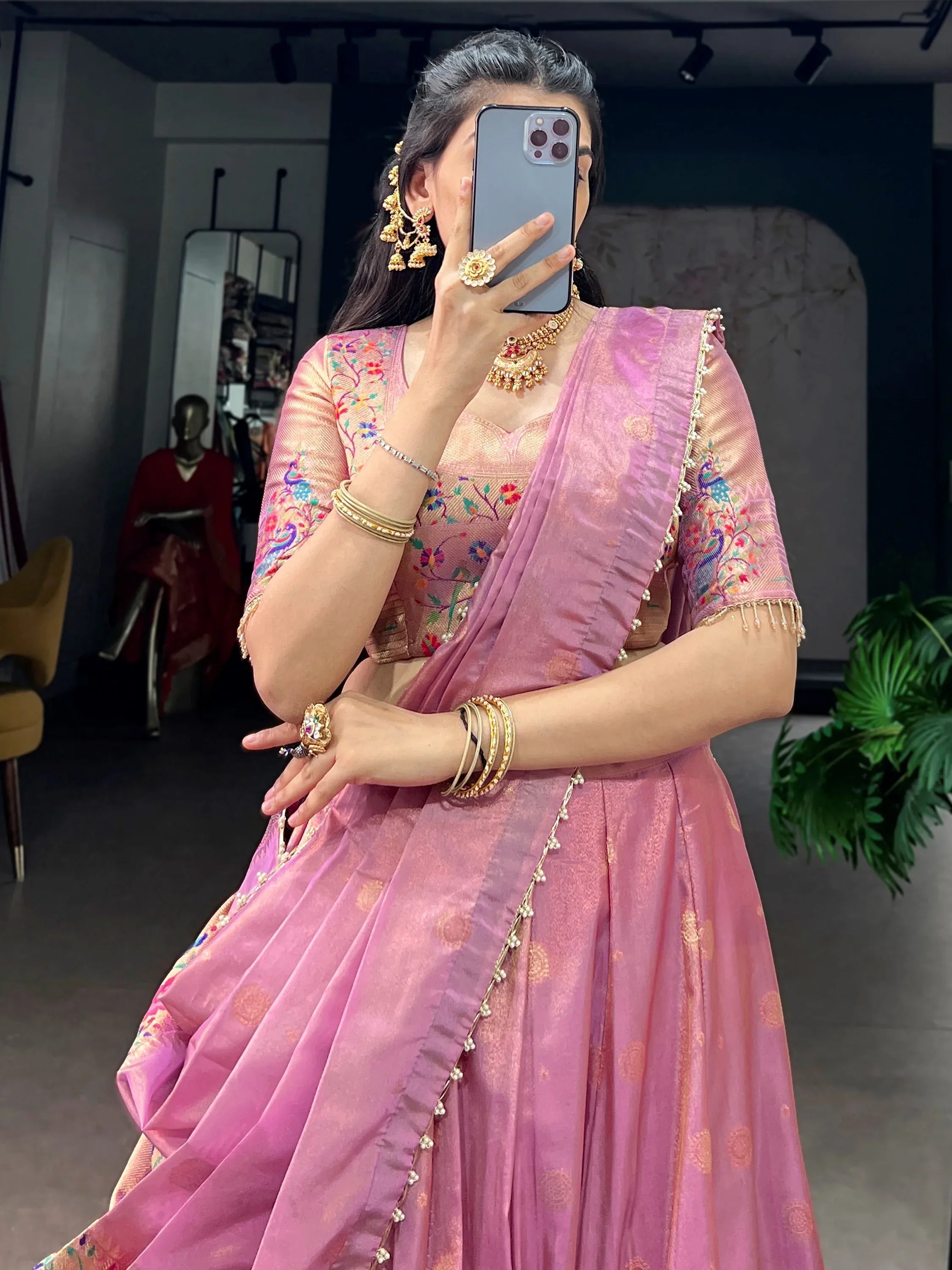 Pink Fantastic Zari Weaving Shimmer Wedding Wear Lehenga Choli