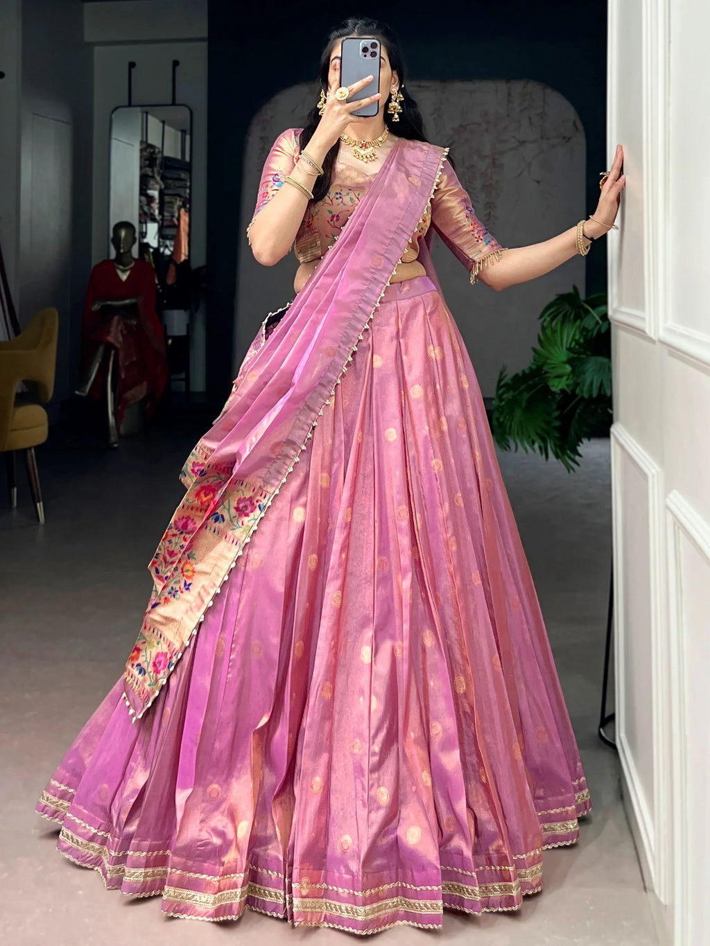 Pink Fantastic Zari Weaving Shimmer Wedding Wear Lehenga Choli