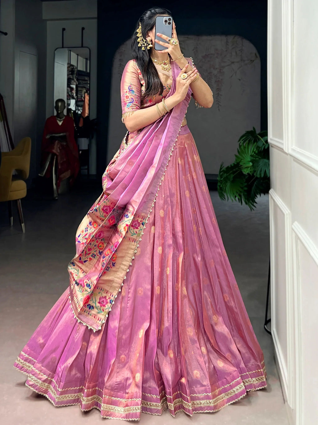 Pink Fantastic Zari Weaving Shimmer Wedding Wear Lehenga Choli