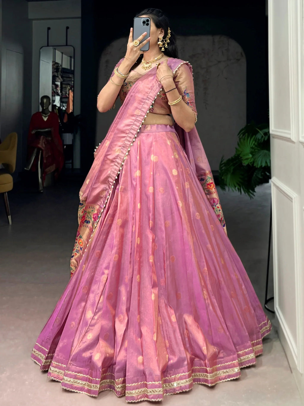 Pink Fantastic Zari Weaving Shimmer Wedding Wear Lehenga Choli