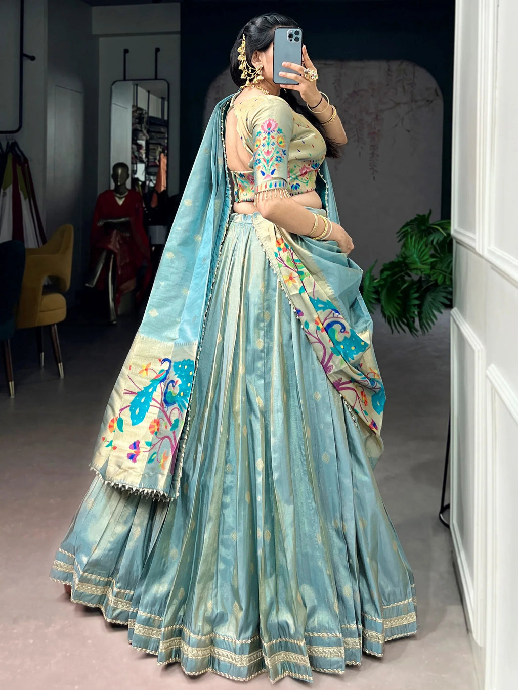 Sky Blue Fantastic Zari Weaving Shimmer Wedding Wear Lehenga Choli