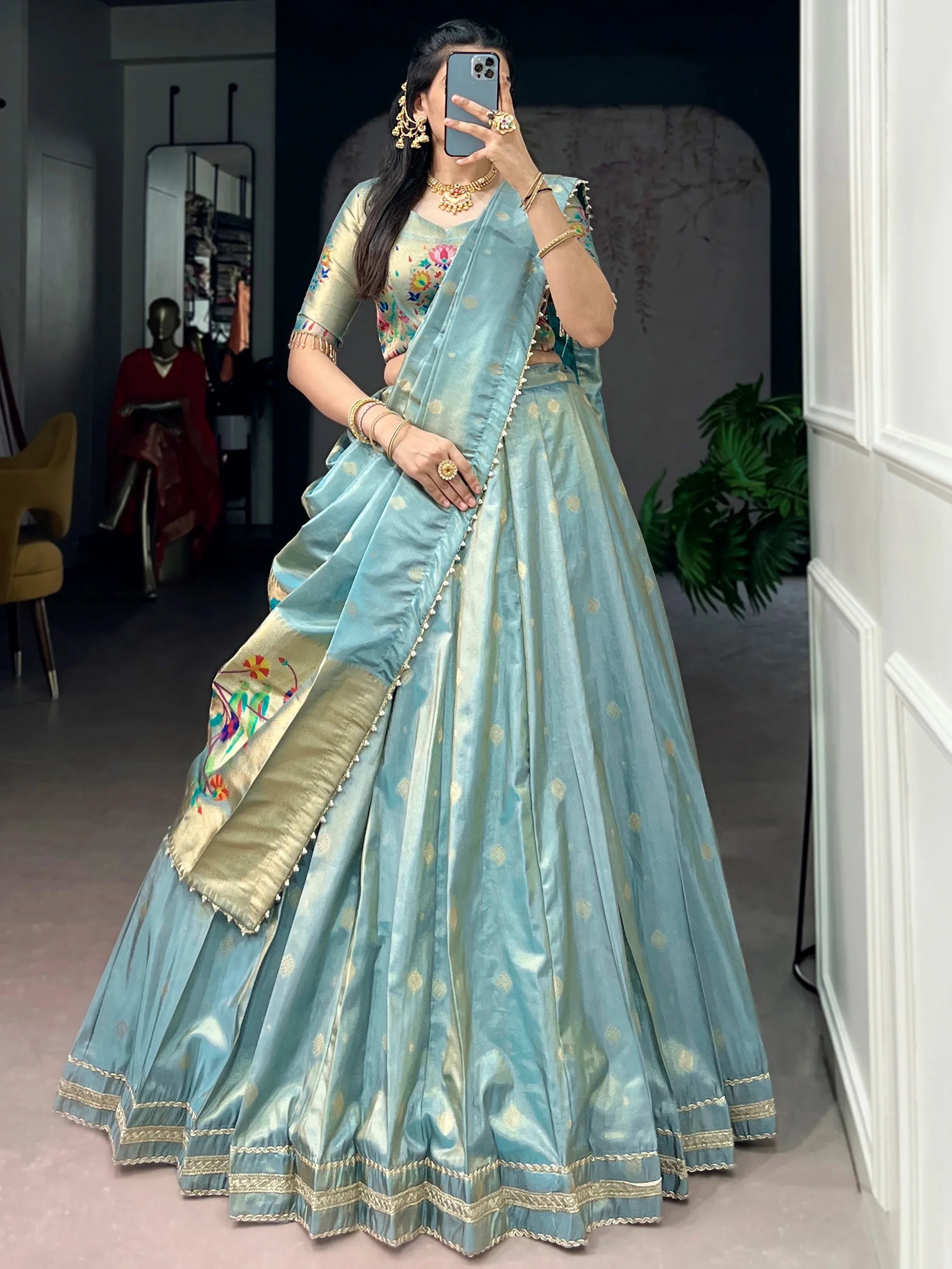 Sky Blue Fantastic Zari Weaving Shimmer Wedding Wear Lehenga Choli