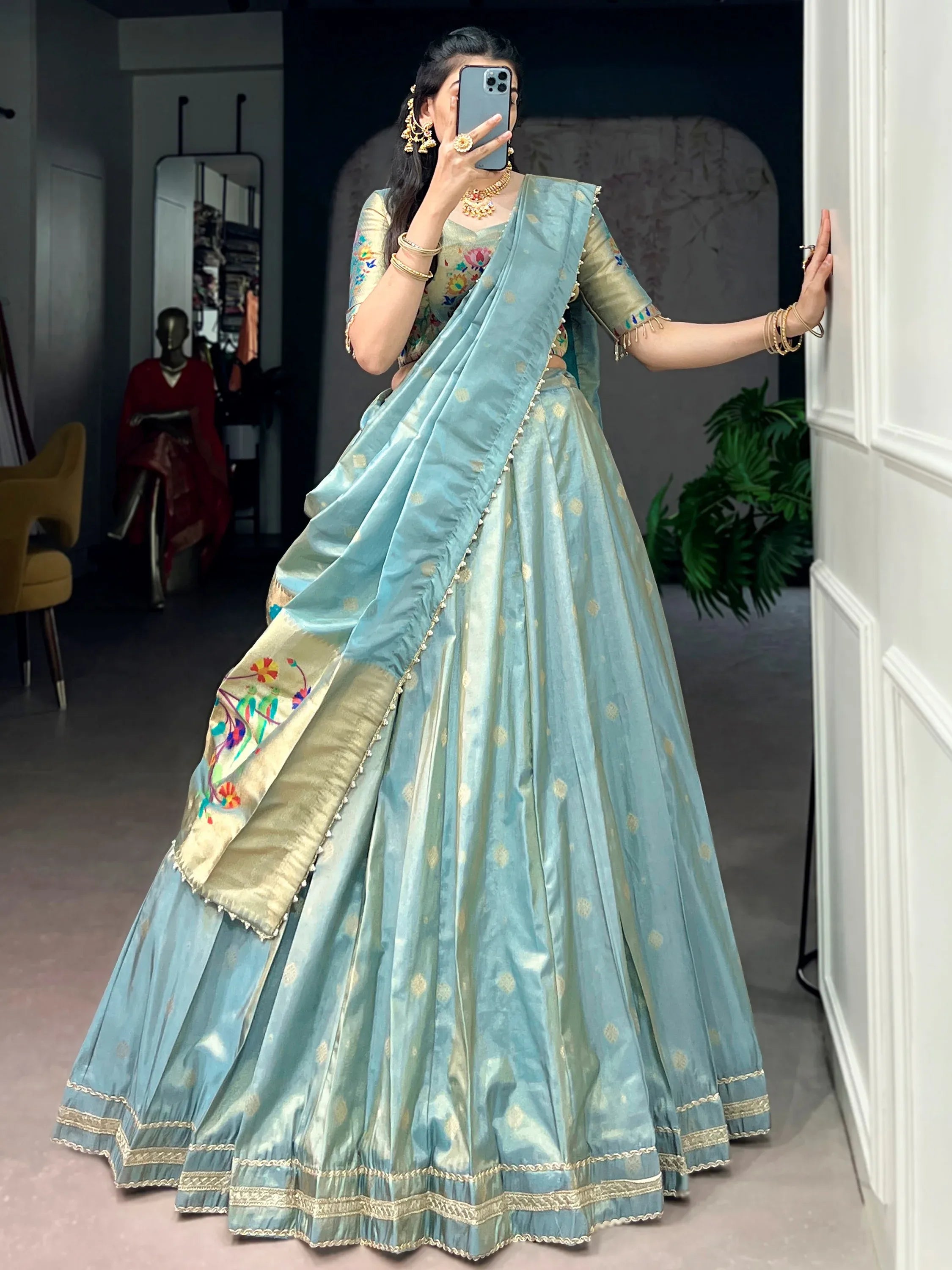 Sky Blue Fantastic Zari Weaving Shimmer Wedding Wear Lehenga Choli