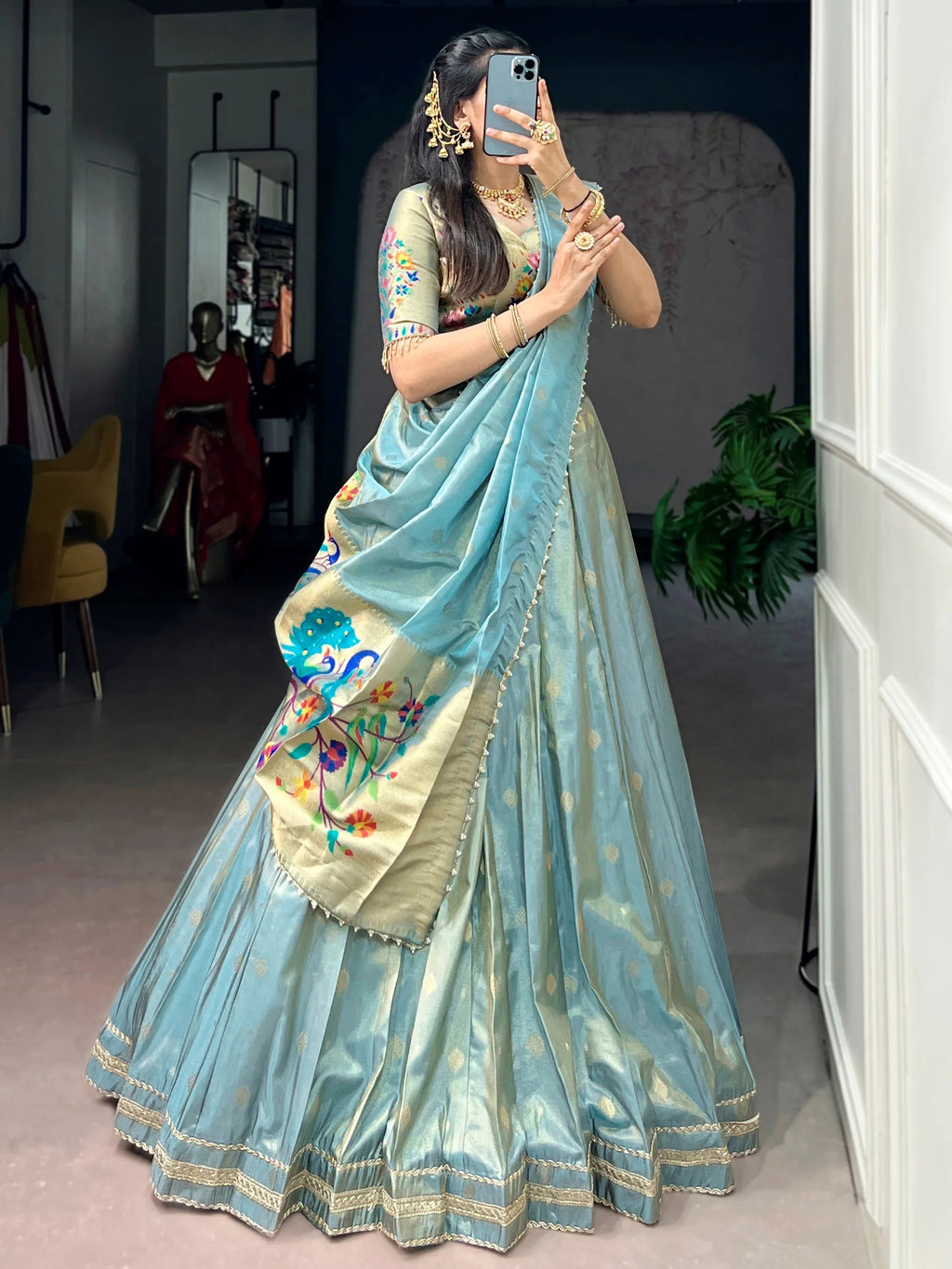 Sky Blue Fantastic Zari Weaving Shimmer Wedding Wear Lehenga Choli