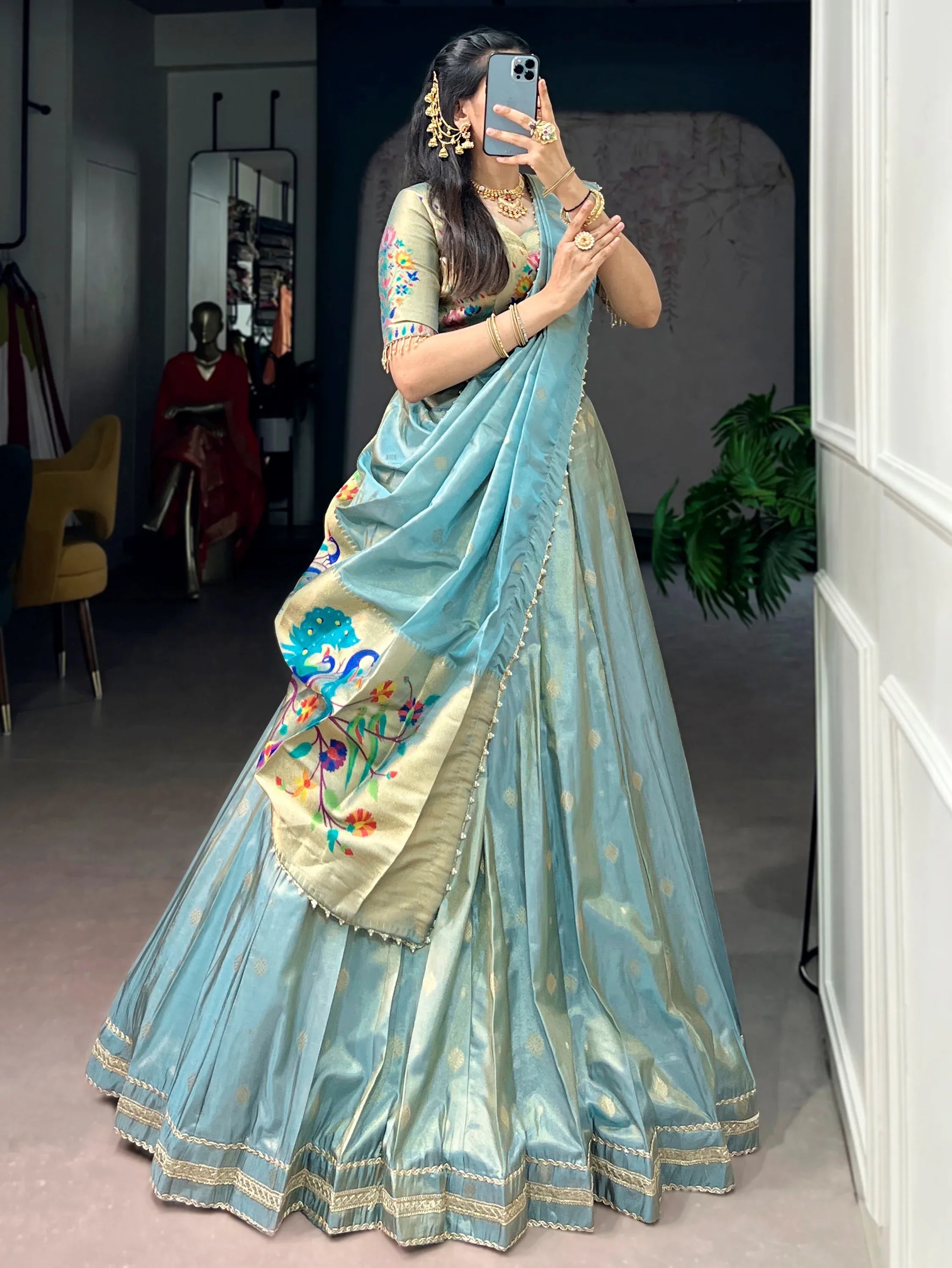 Sky Blue Fantastic Zari Weaving Shimmer Wedding Wear Lehenga Choli
