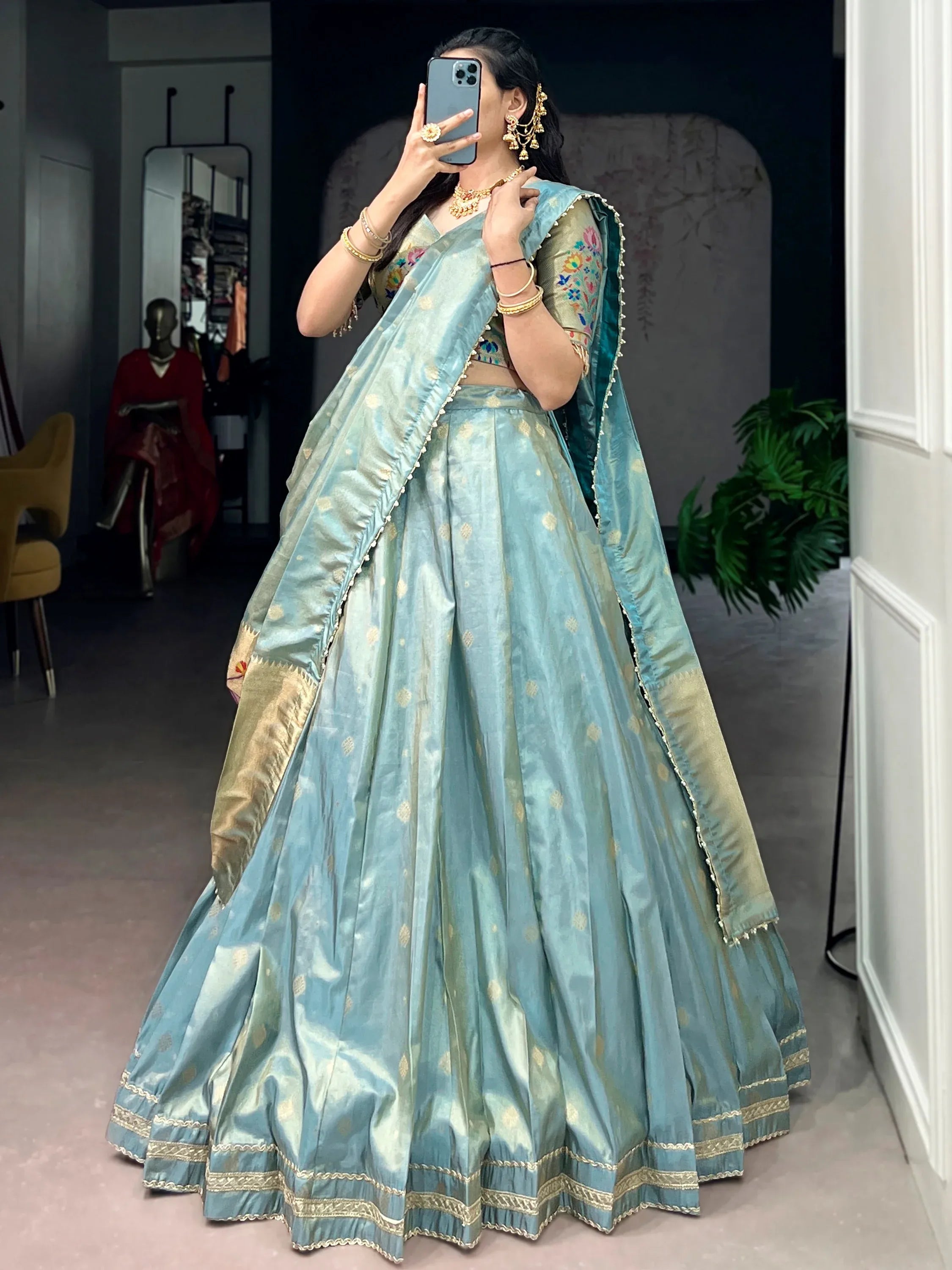 Sky Blue Fantastic Zari Weaving Shimmer Wedding Wear Lehenga Choli