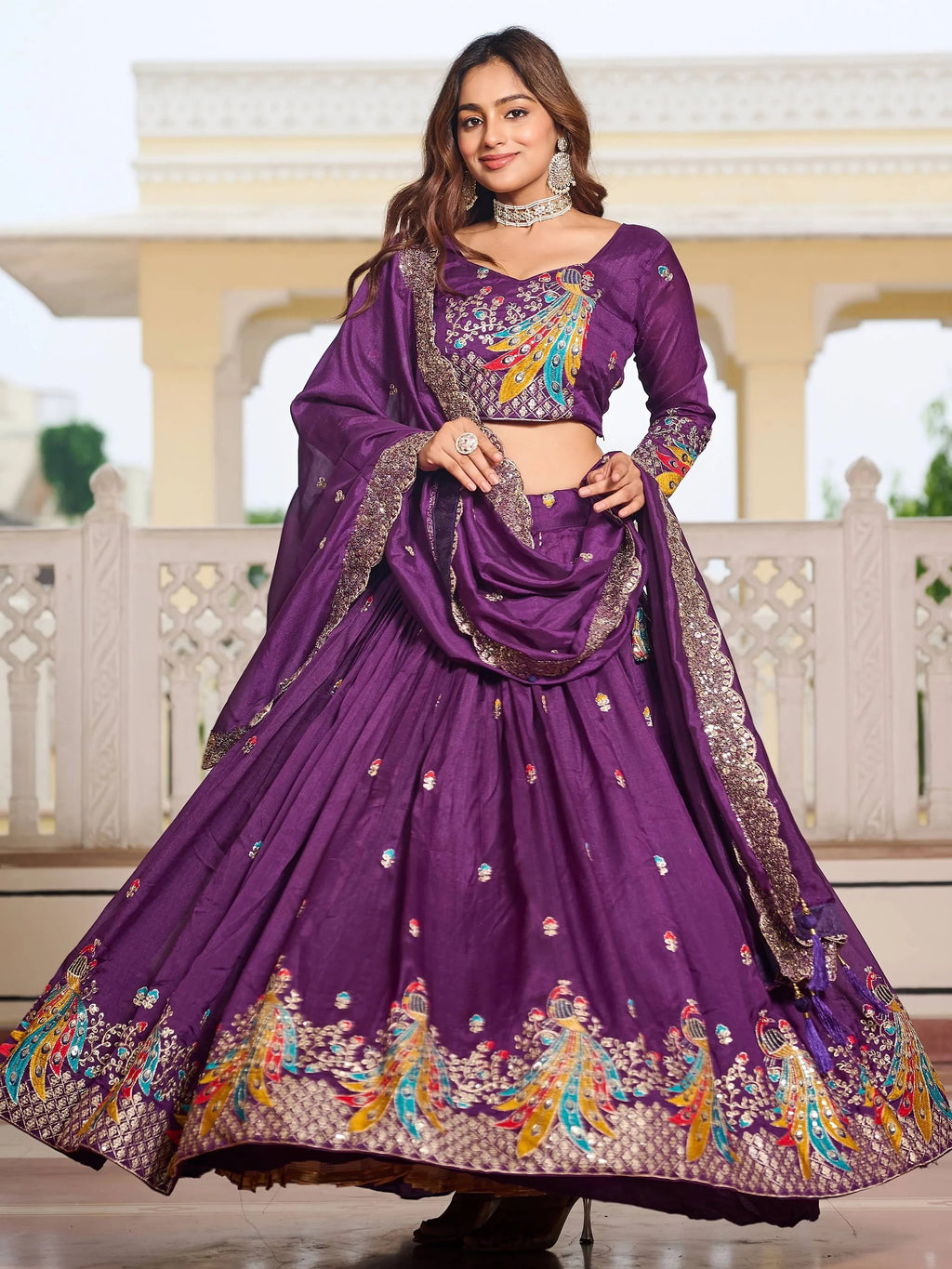 Tantalizing Purple Silk Sequins Lehenga Choli With Dupatta