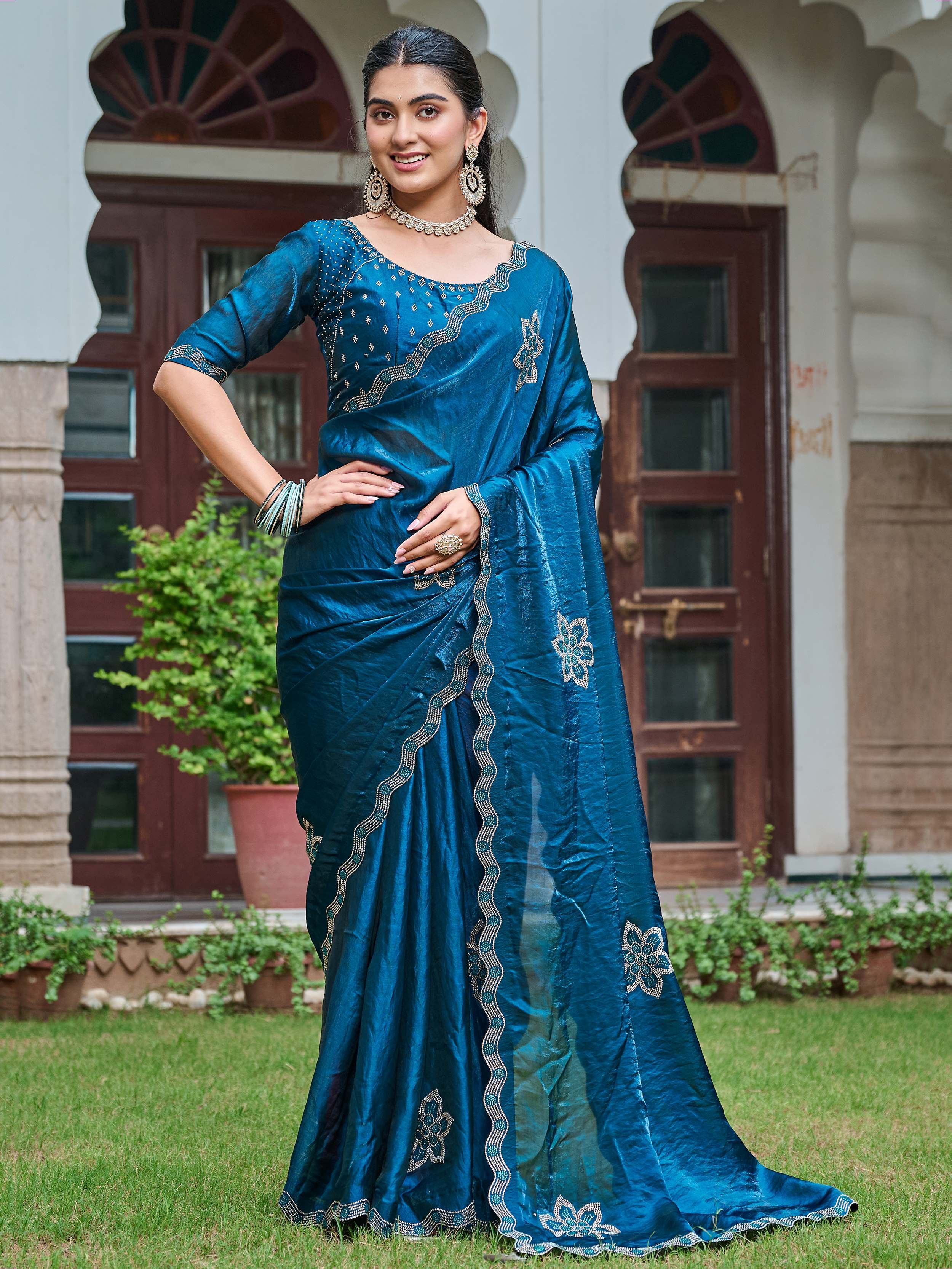 Teal Adorning Silk Diamond Work Event Wear Saree With Blouse