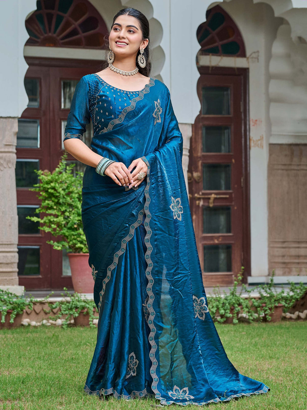 Teal Adorning Silk Diamond Work Event Wear Saree With Blouse