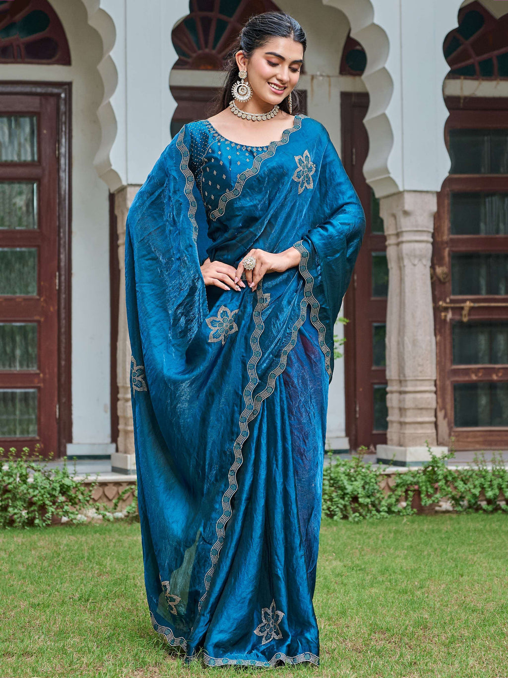Teal Adorning Silk Diamond Work Event Wear Saree With Blouse