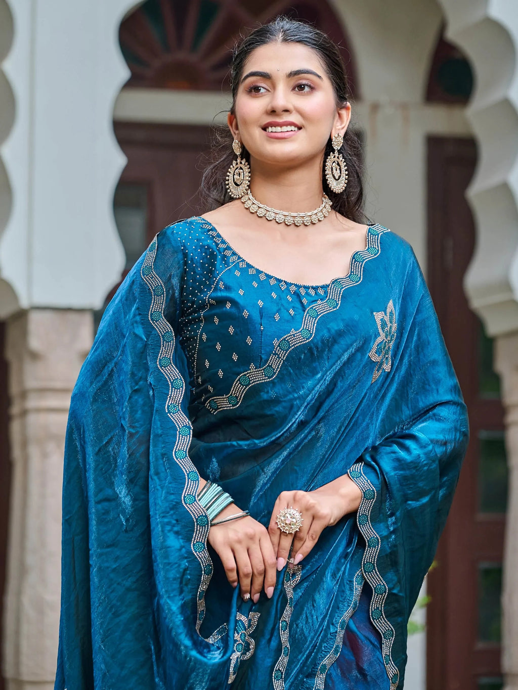 Teal Adorning Silk Diamond Work Event Wear Saree With Blouse